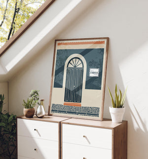 Personalized teal block print arched door art print, Puerto Rico