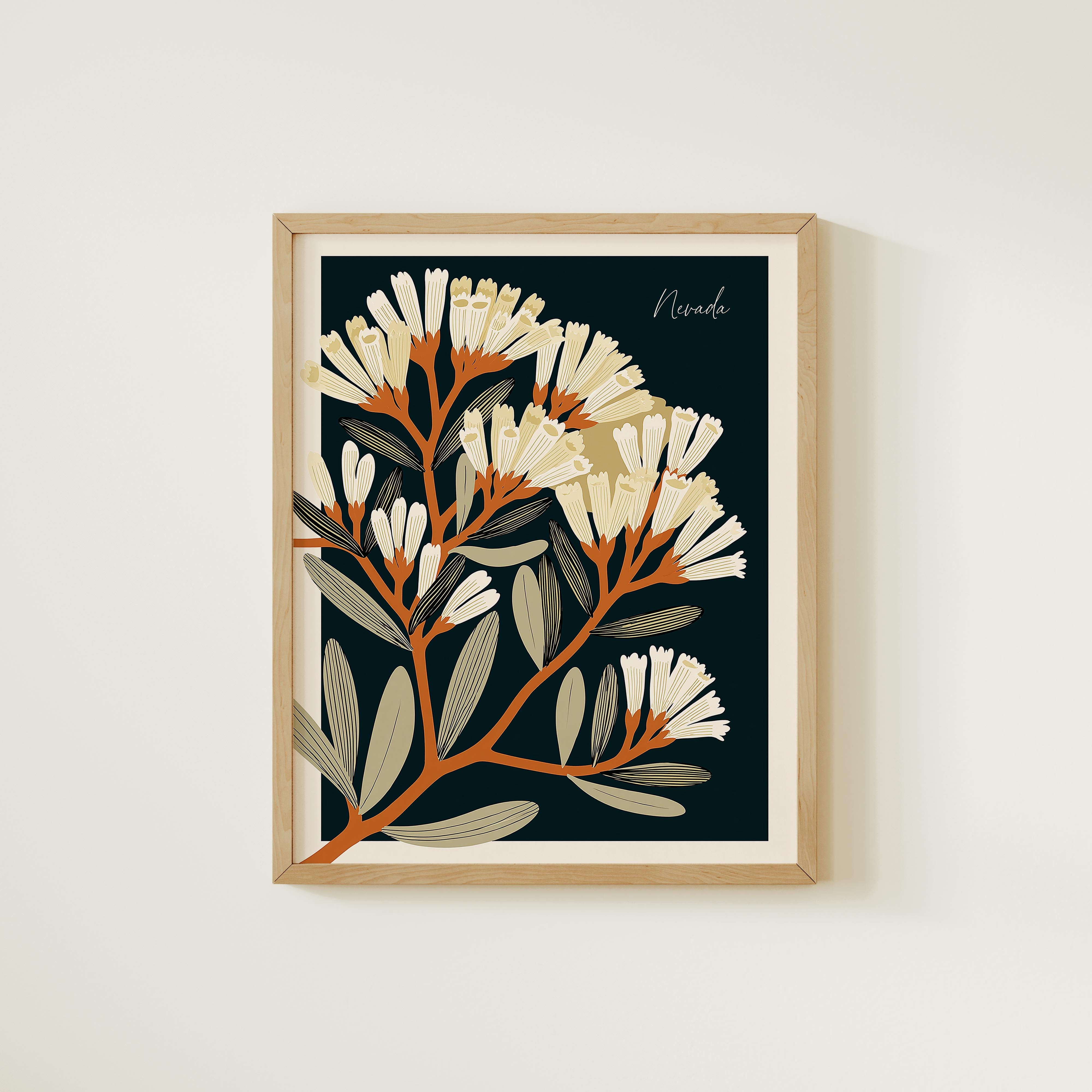 The image is a framed print featuring a stylized illustration of a flower with white petals and green leaves against a dark background.