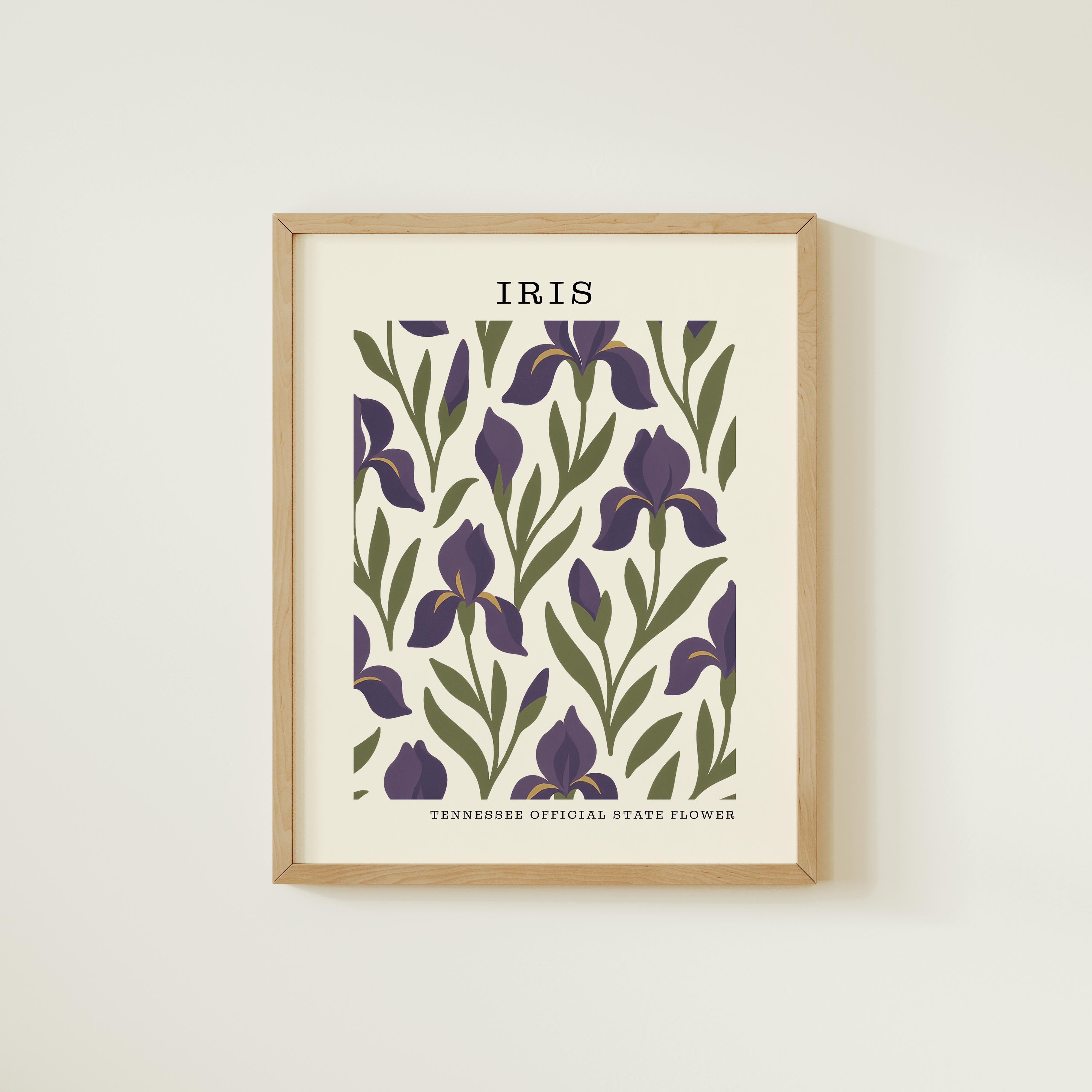 The image is a framed print featuring a repeating pattern of purple iris flowers against a white background.