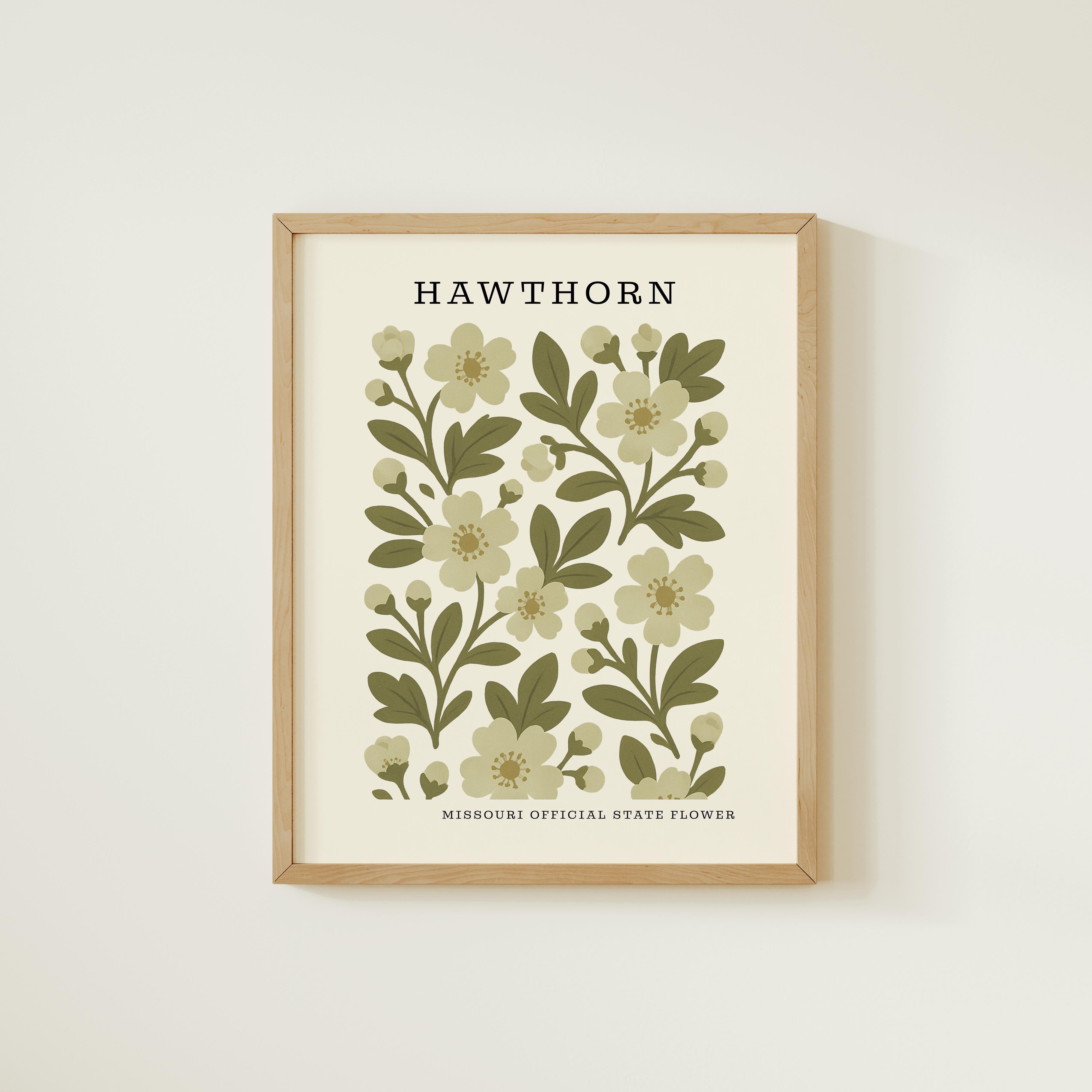 The image is a framed print featuring a floral design with green leaves and white flowers.