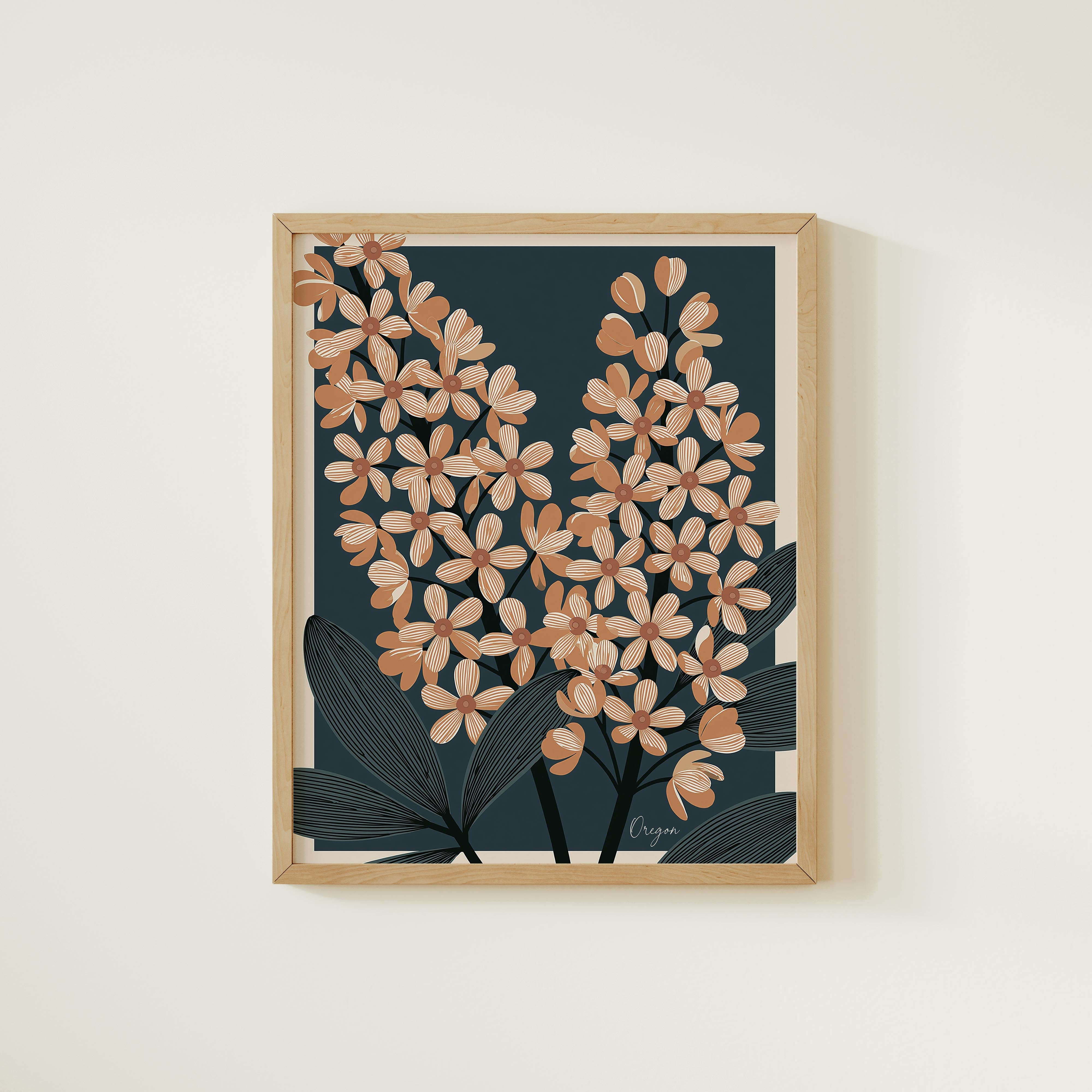 The image is a framed print featuring a floral design with orange flowers and green leaves against a dark blue background.