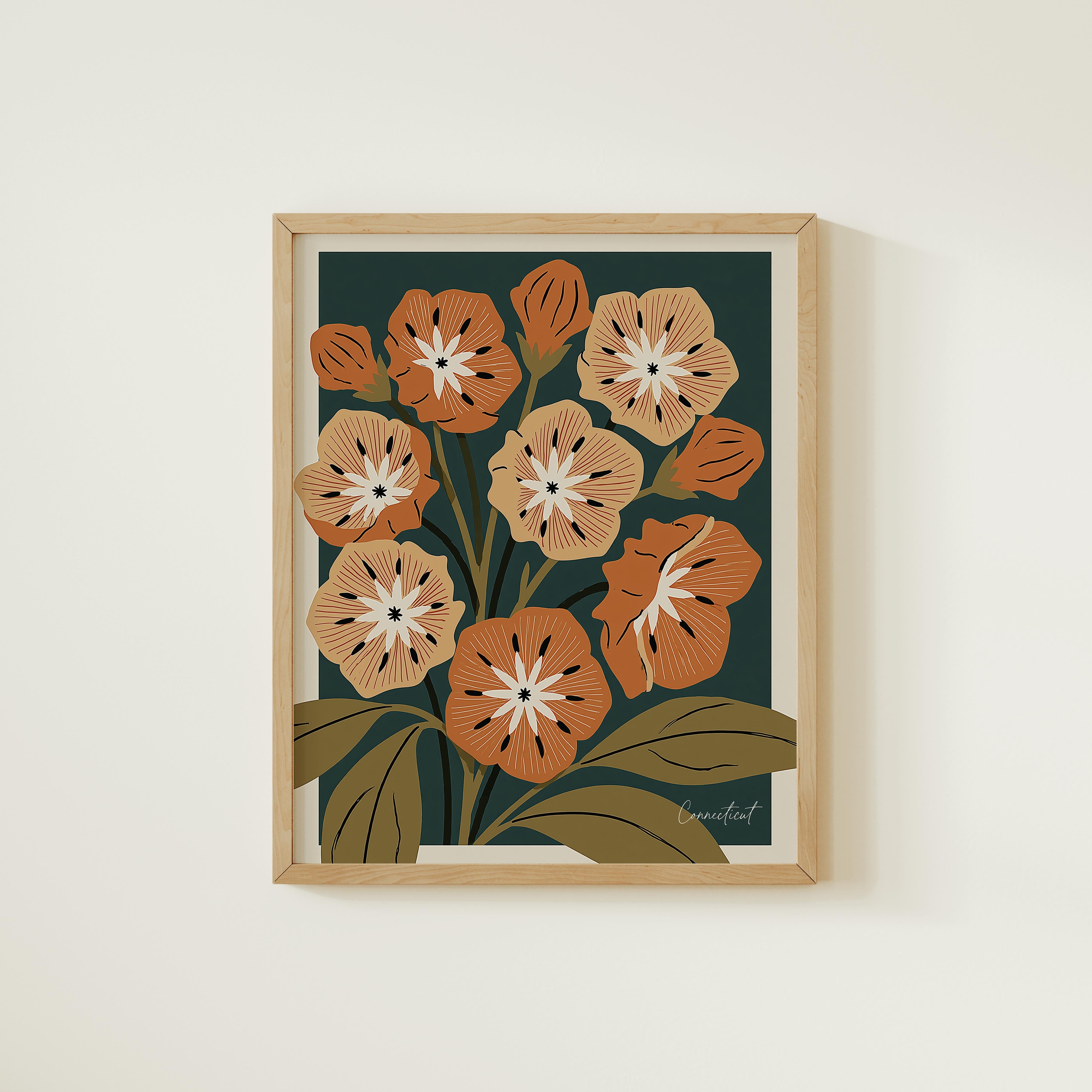 The image is a framed print featuring a stylized floral design with orange and brown flowers against a dark green background.