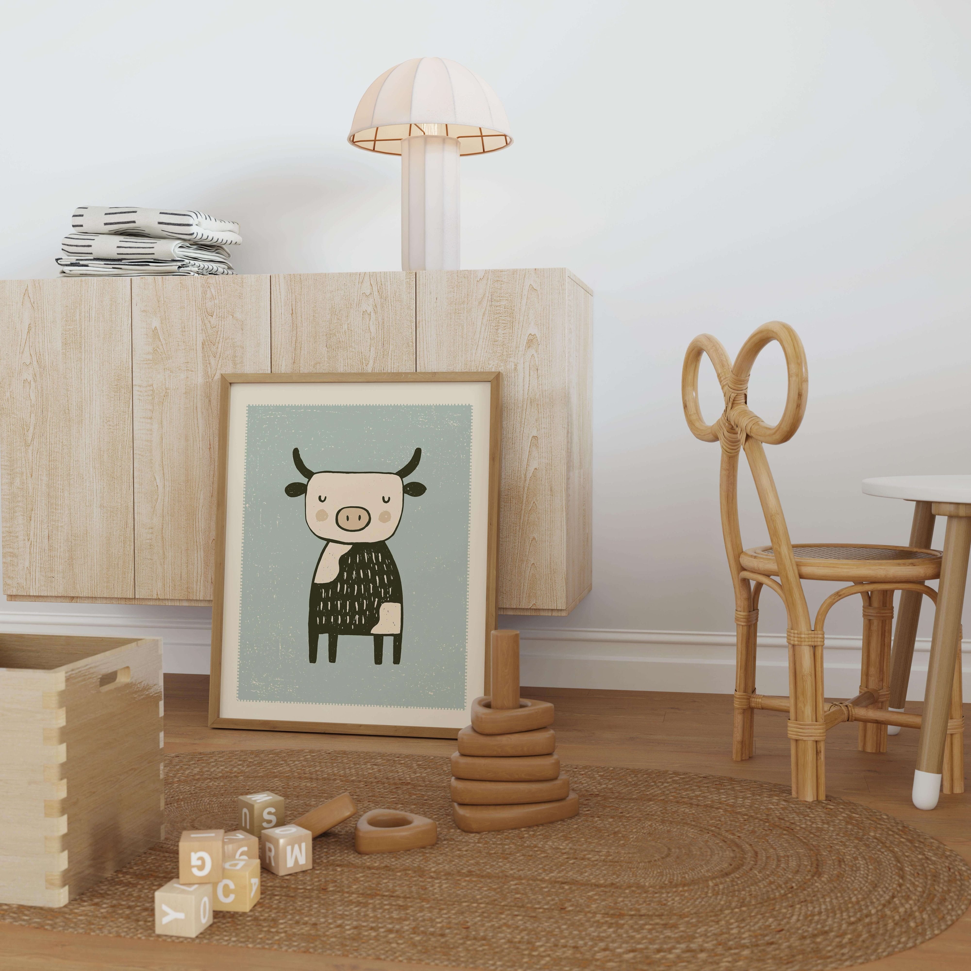 Black and White Cow Nursery Print - Framed Mockup