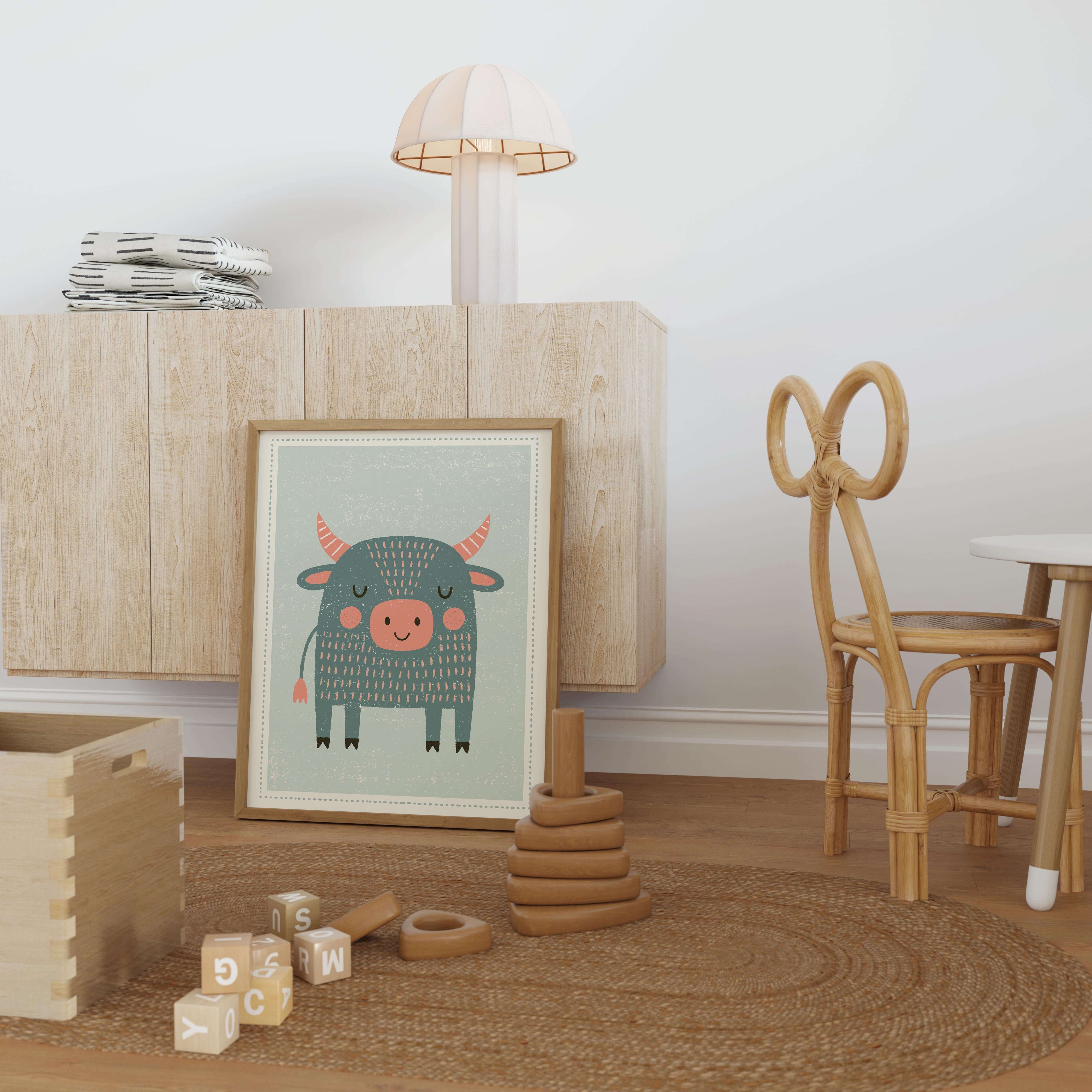 Blue Bull Nursery Print - Framed Mockup