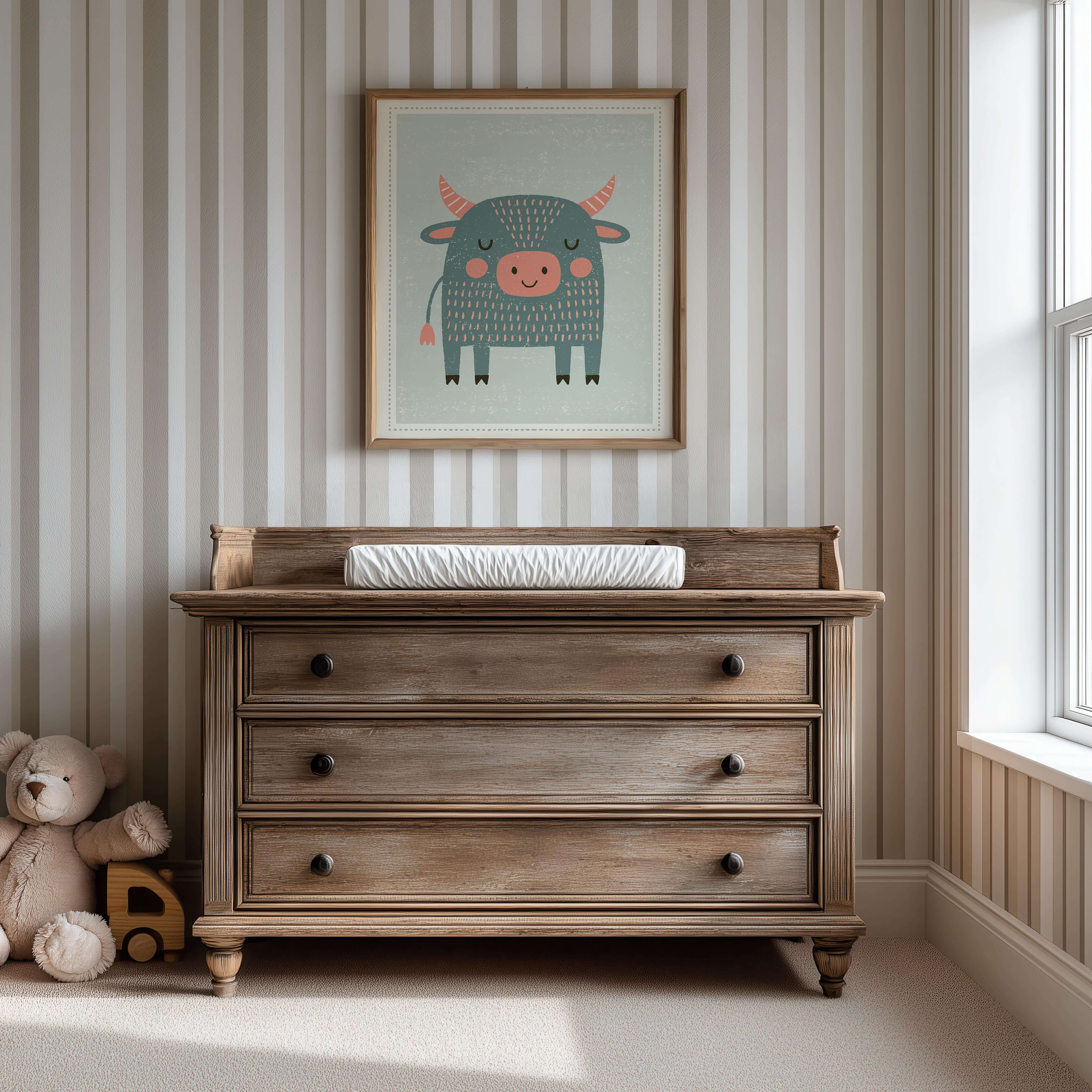 Blue Bull Nursery Print - Framed Mockup