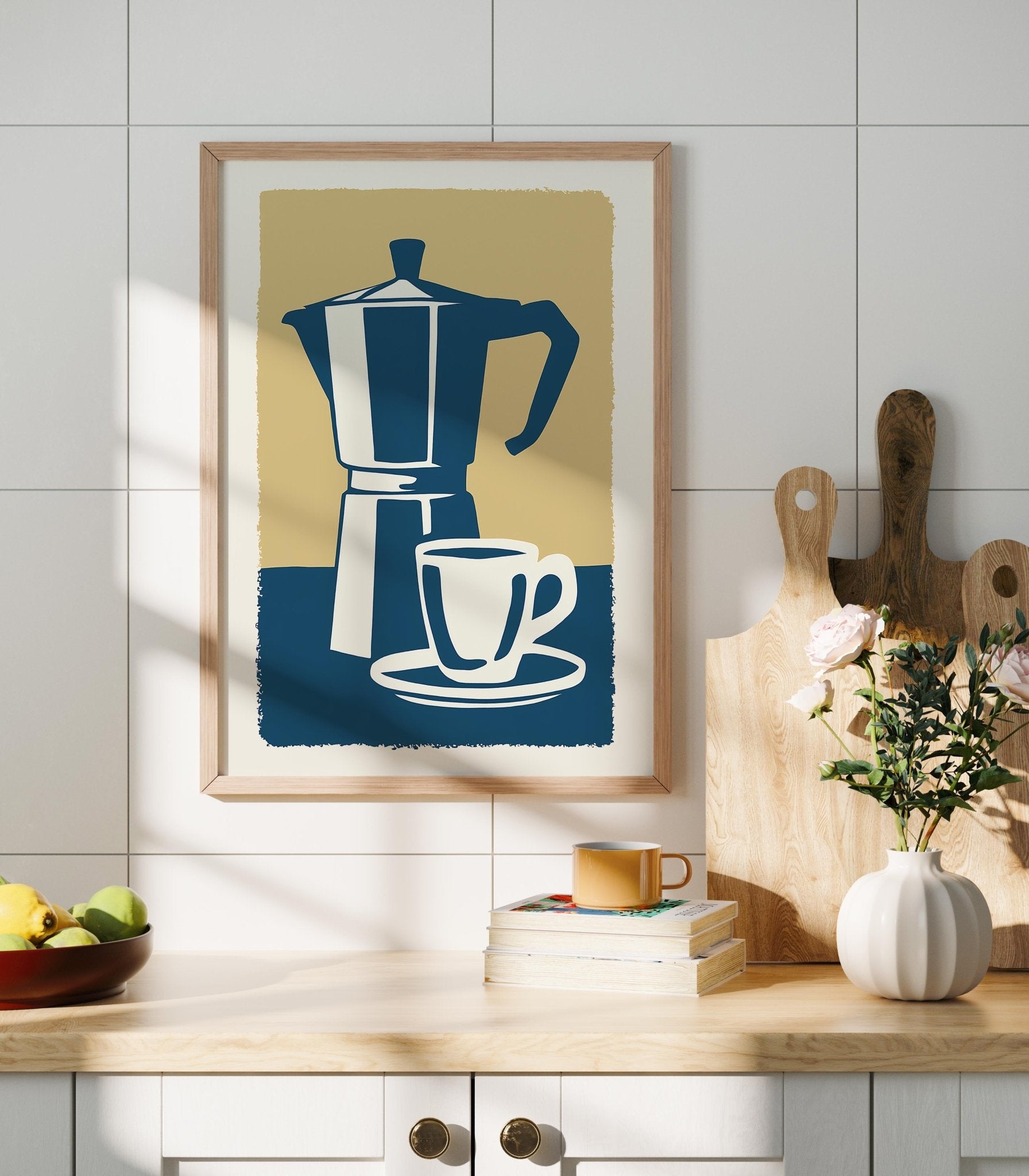 Blue Moka Pot and Cup Print, Minimal Kitchen Wall Art - The FlatFile Society