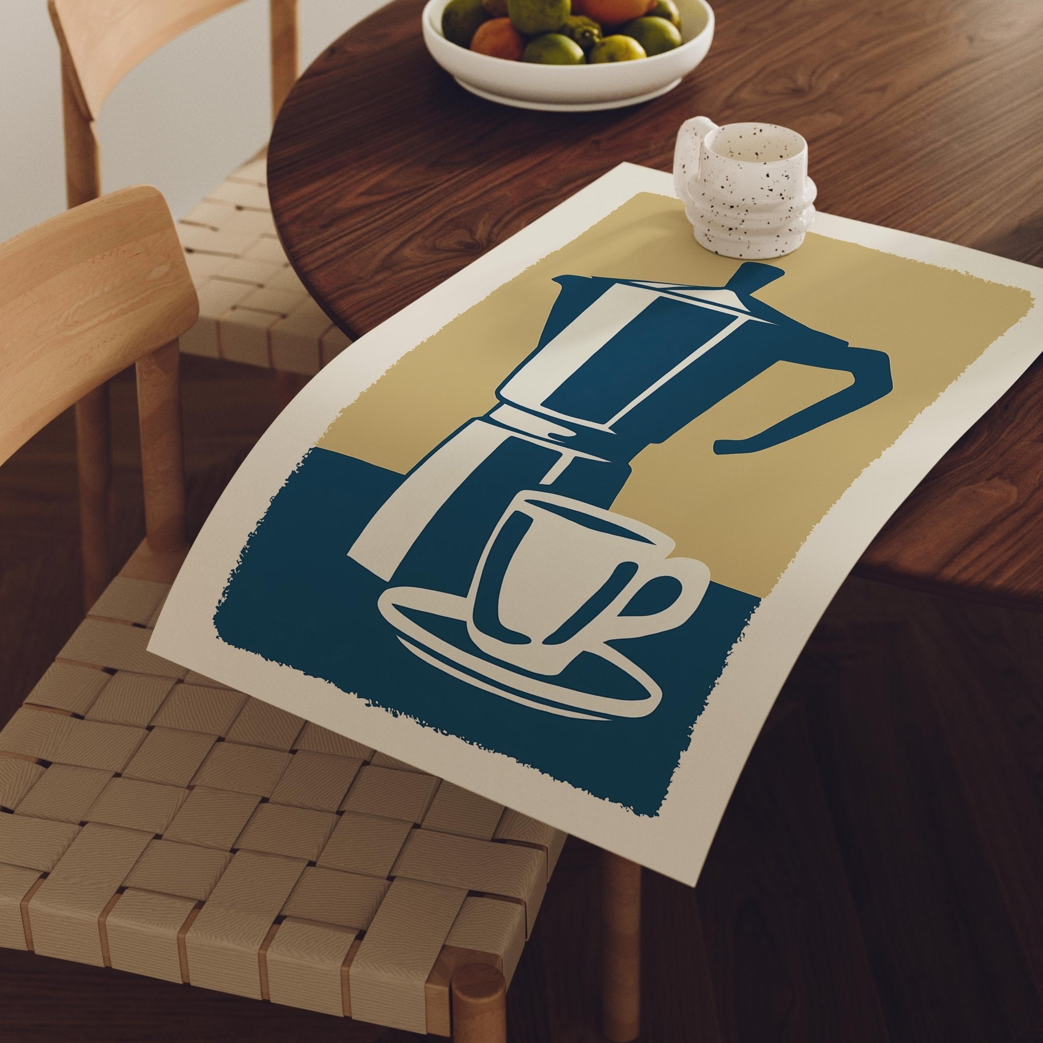 Blue Moka Pot and Cup Print, Minimal Kitchen Wall Art - The FlatFile Society