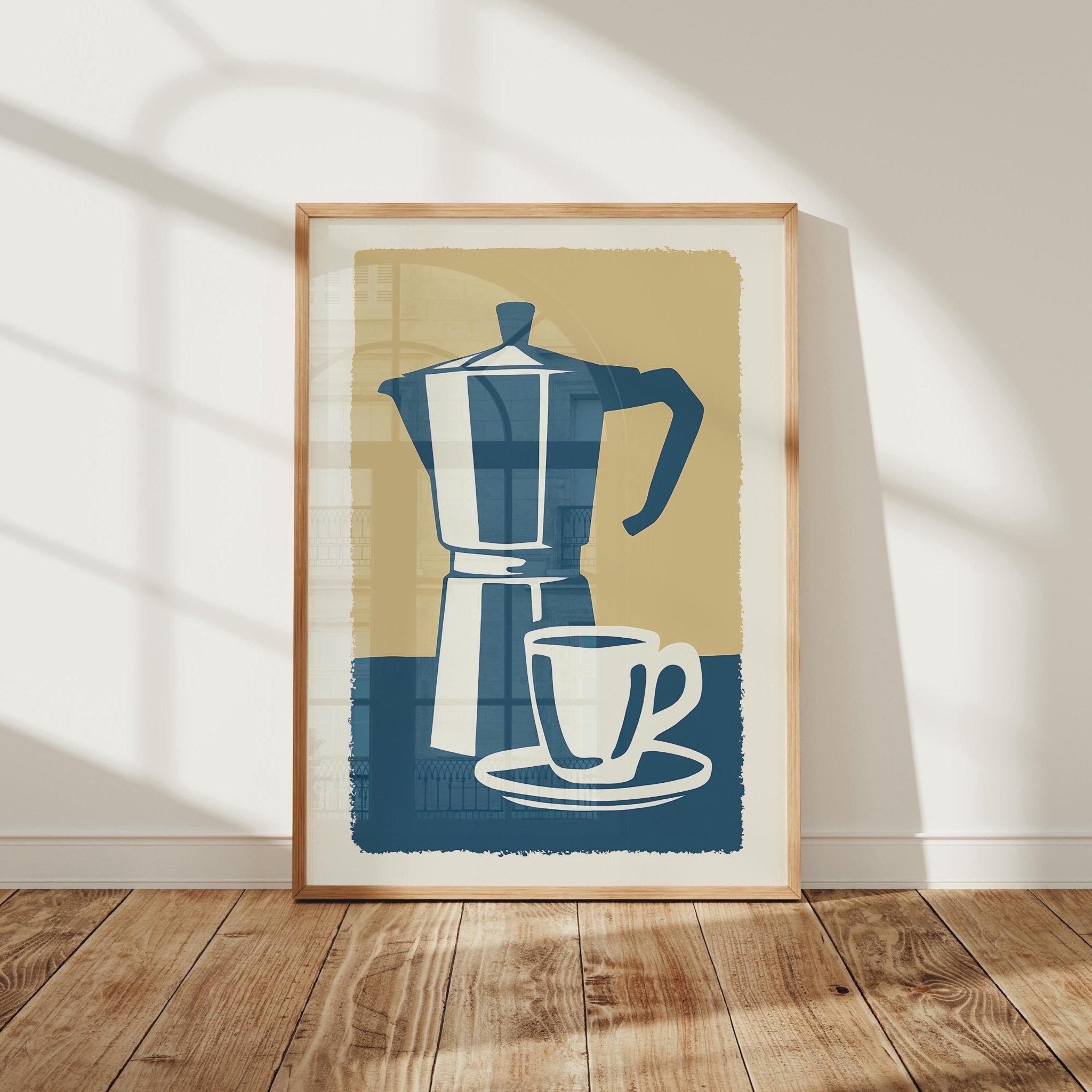 Blue Moka Pot and Cup Print, Minimal Kitchen Wall Art - The FlatFile Society