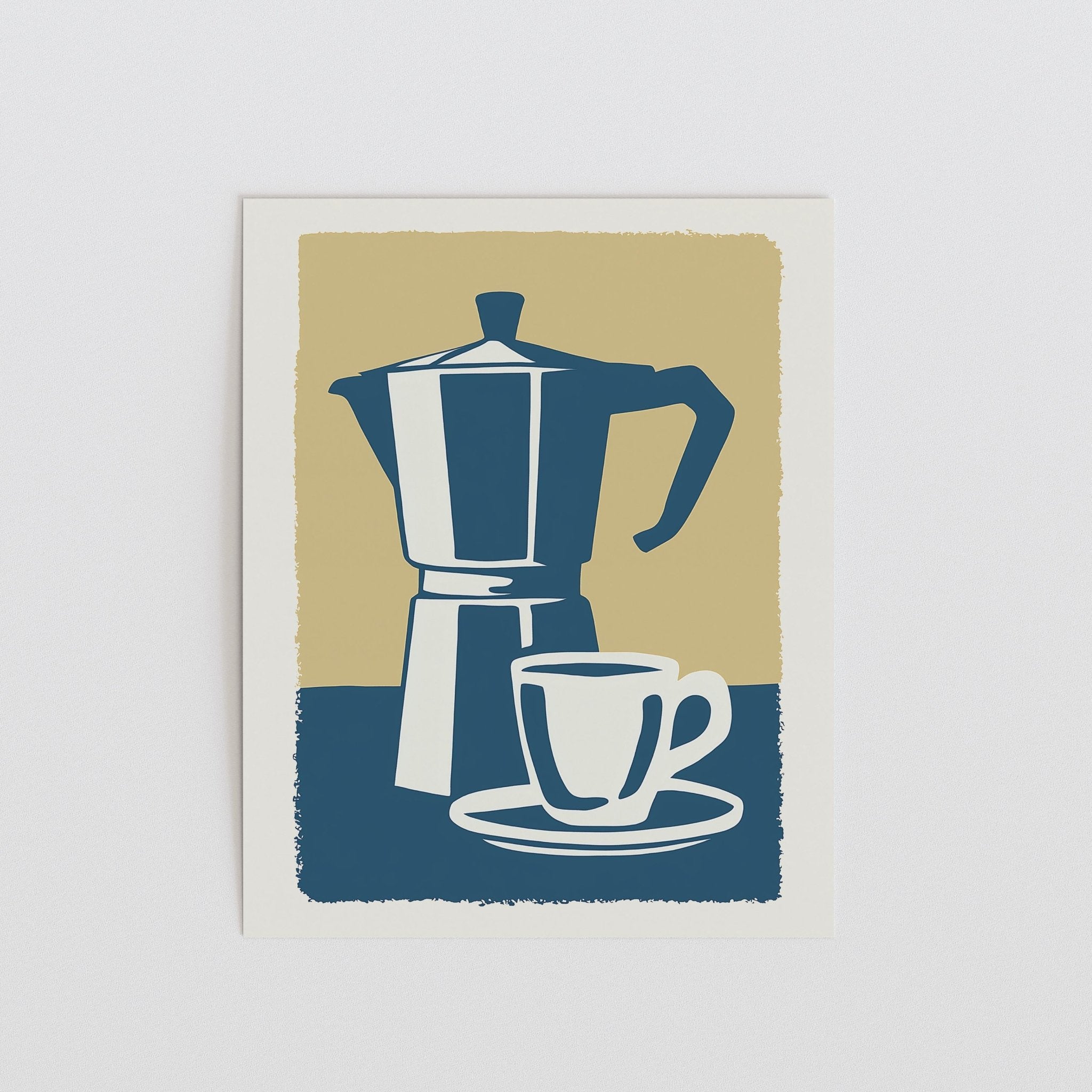 Blue Moka Pot and Cup Print, Minimal Kitchen Wall Art - The FlatFile Society