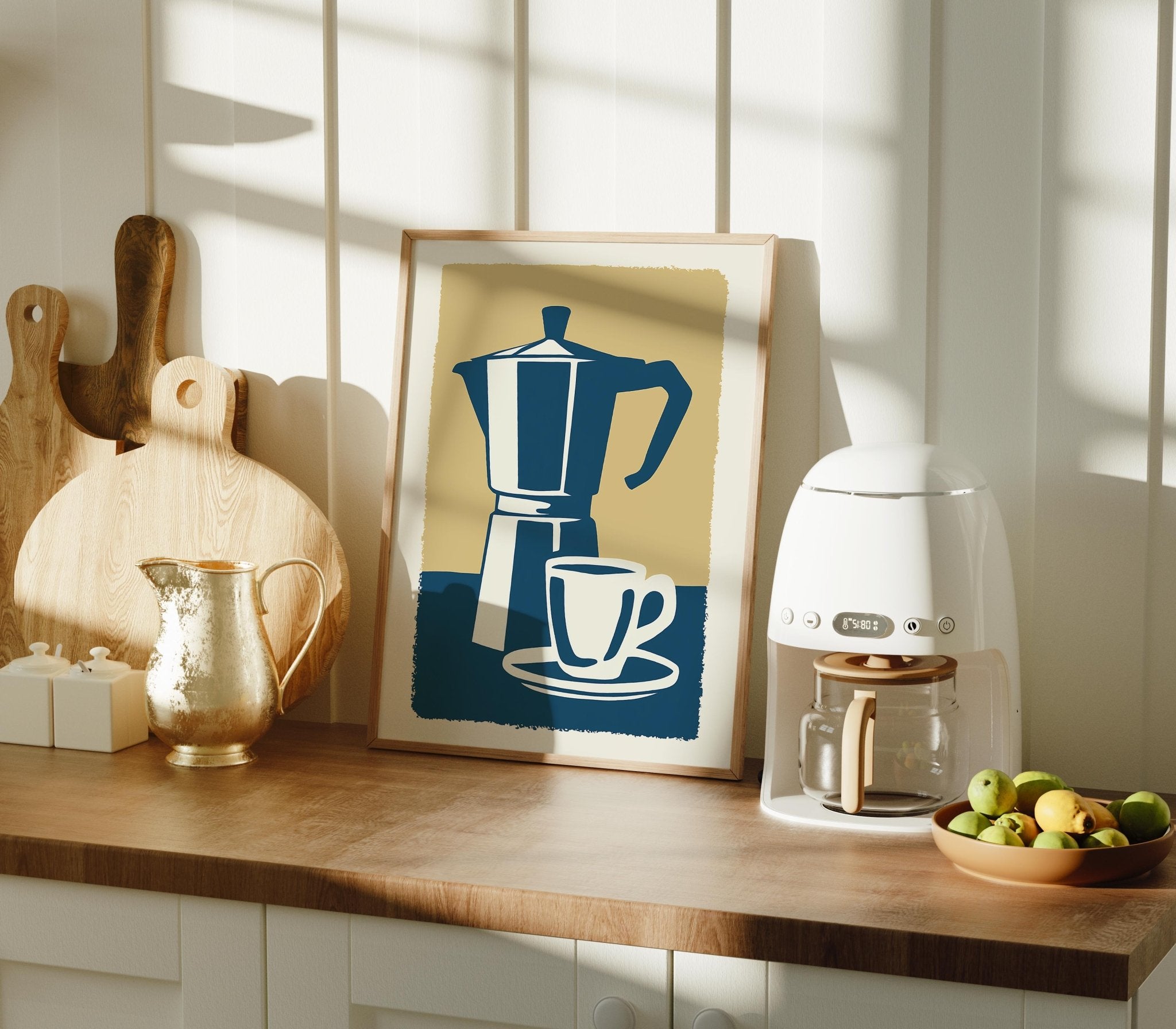 Blue Moka Pot and Cup Print, Minimal Kitchen Wall Art - The FlatFile Society
