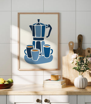 Blue Moka Pot Art Print, Minimal Coffee Kitchen Decor - The FlatFile Society