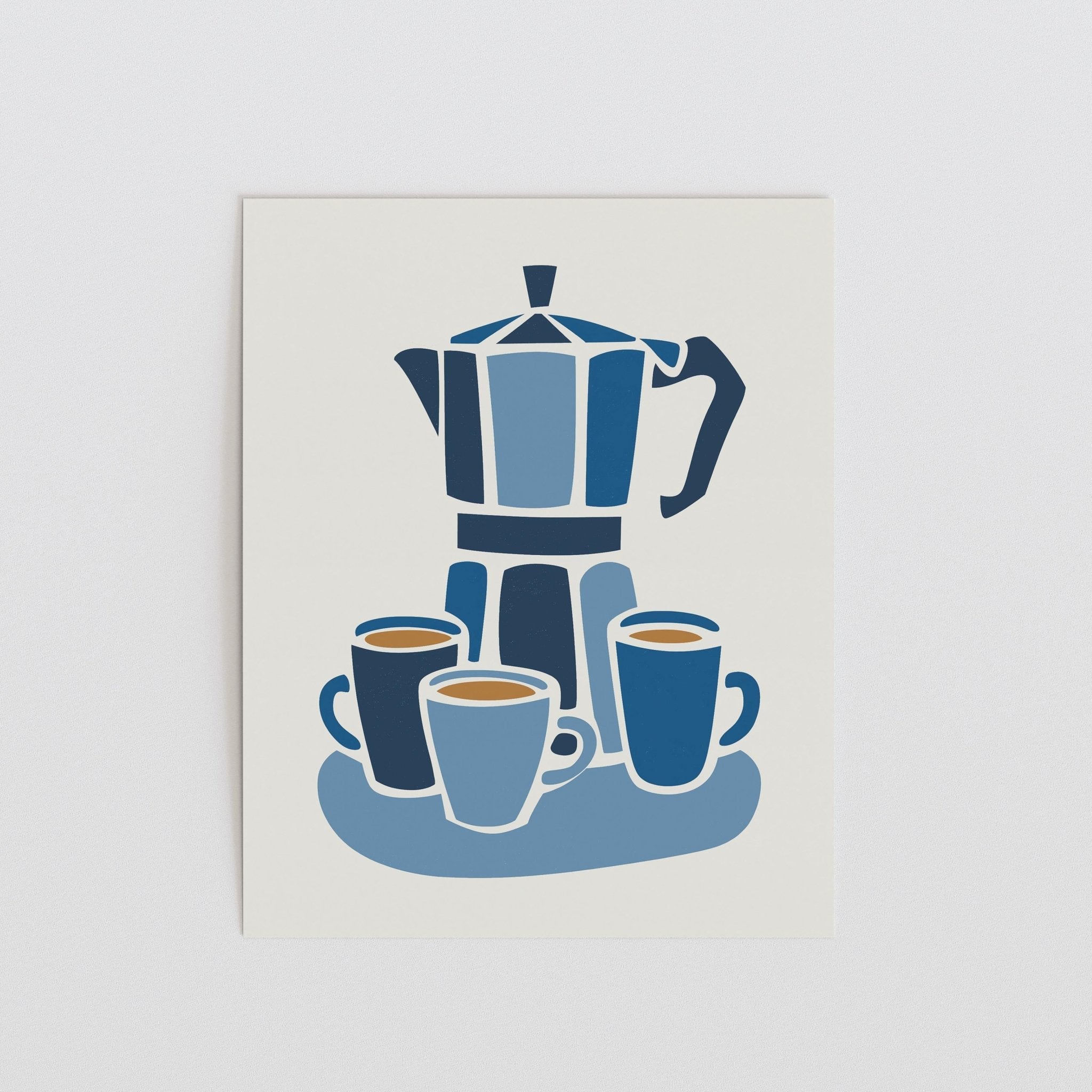 Blue Moka Pot Art Print, Minimal Coffee Kitchen Decor - The FlatFile Society