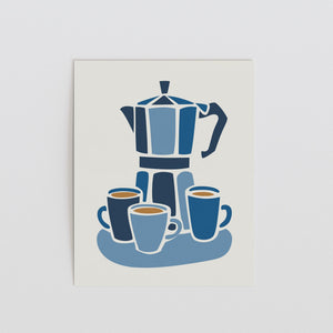 Blue Moka Pot Art Print, Minimal Coffee Kitchen Decor - The FlatFile Society