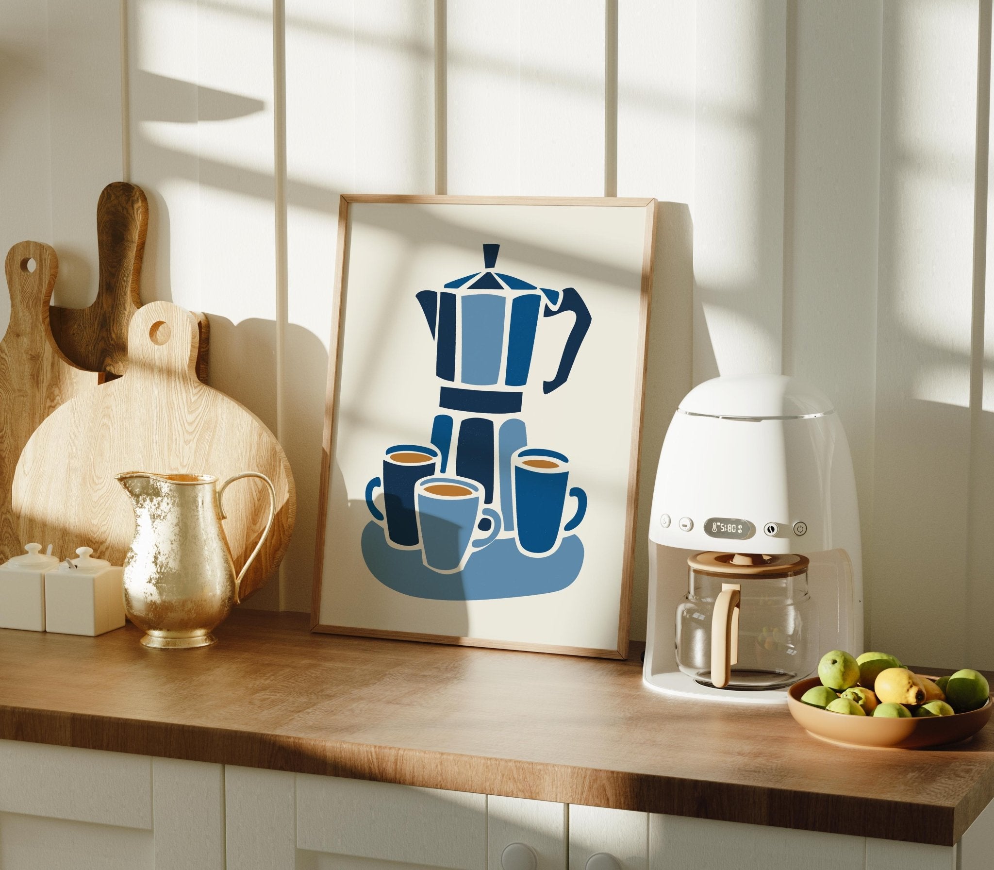 Blue Moka Pot Art Print, Minimal Coffee Kitchen Decor - The FlatFile Society