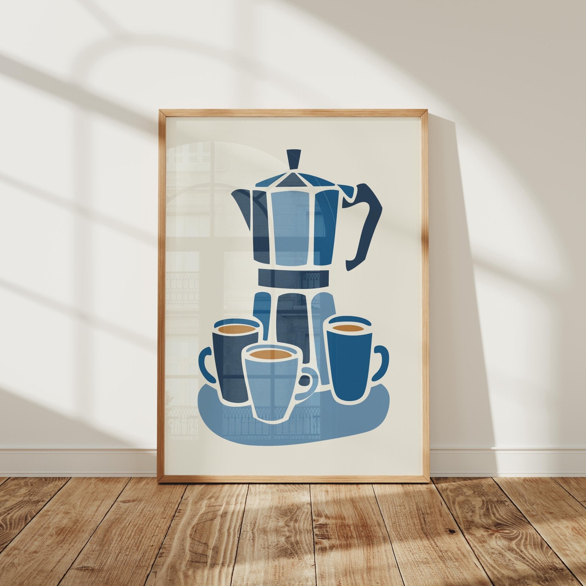 Blue Moka Pot Art Print, Minimal Coffee Kitchen Decor - The FlatFile Society