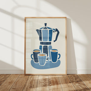 Blue Moka Pot Art Print, Minimal Coffee Kitchen Decor - The FlatFile Society
