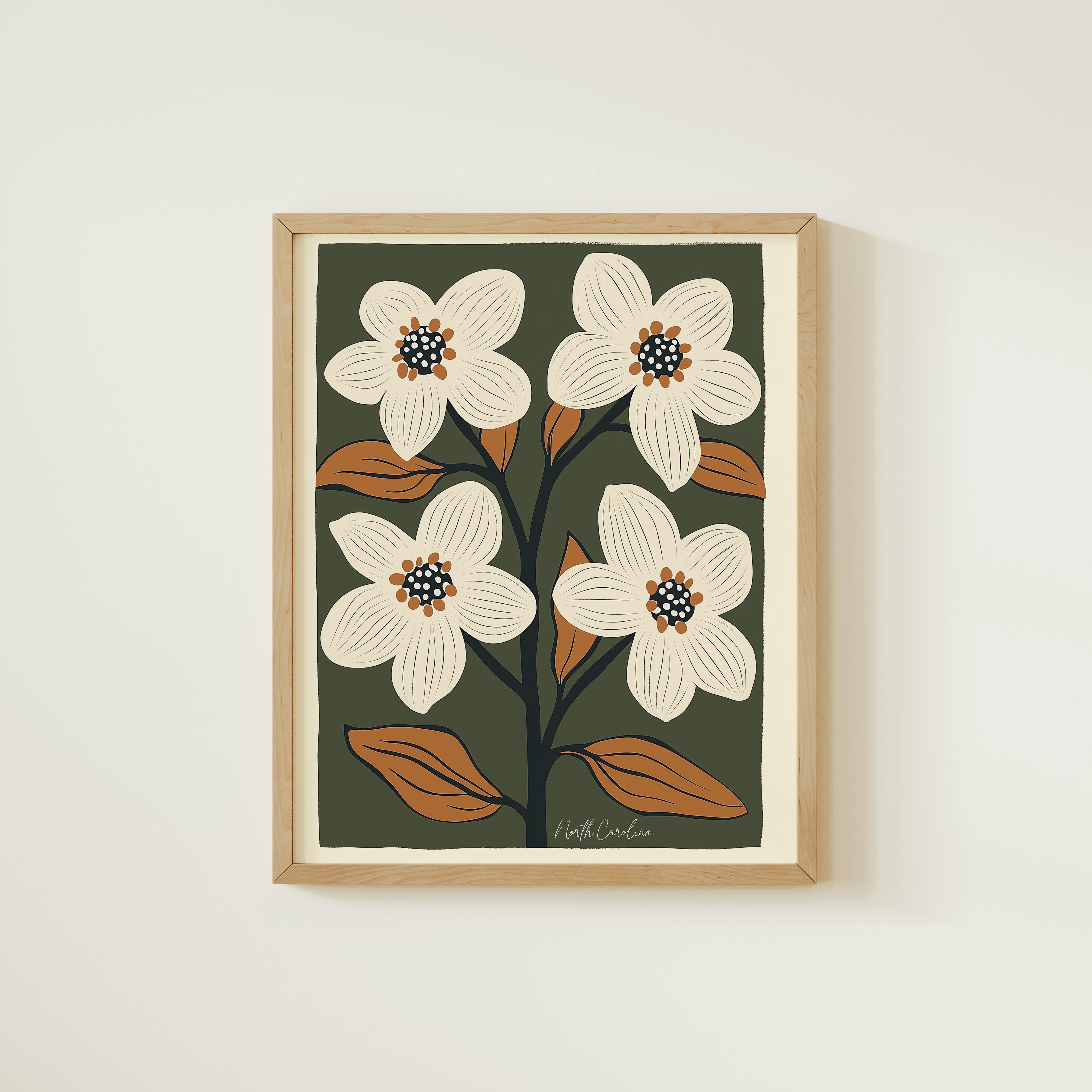 The image is a framed print featuring a stylized illustration of white flowers with brown leaves against a dark green background.