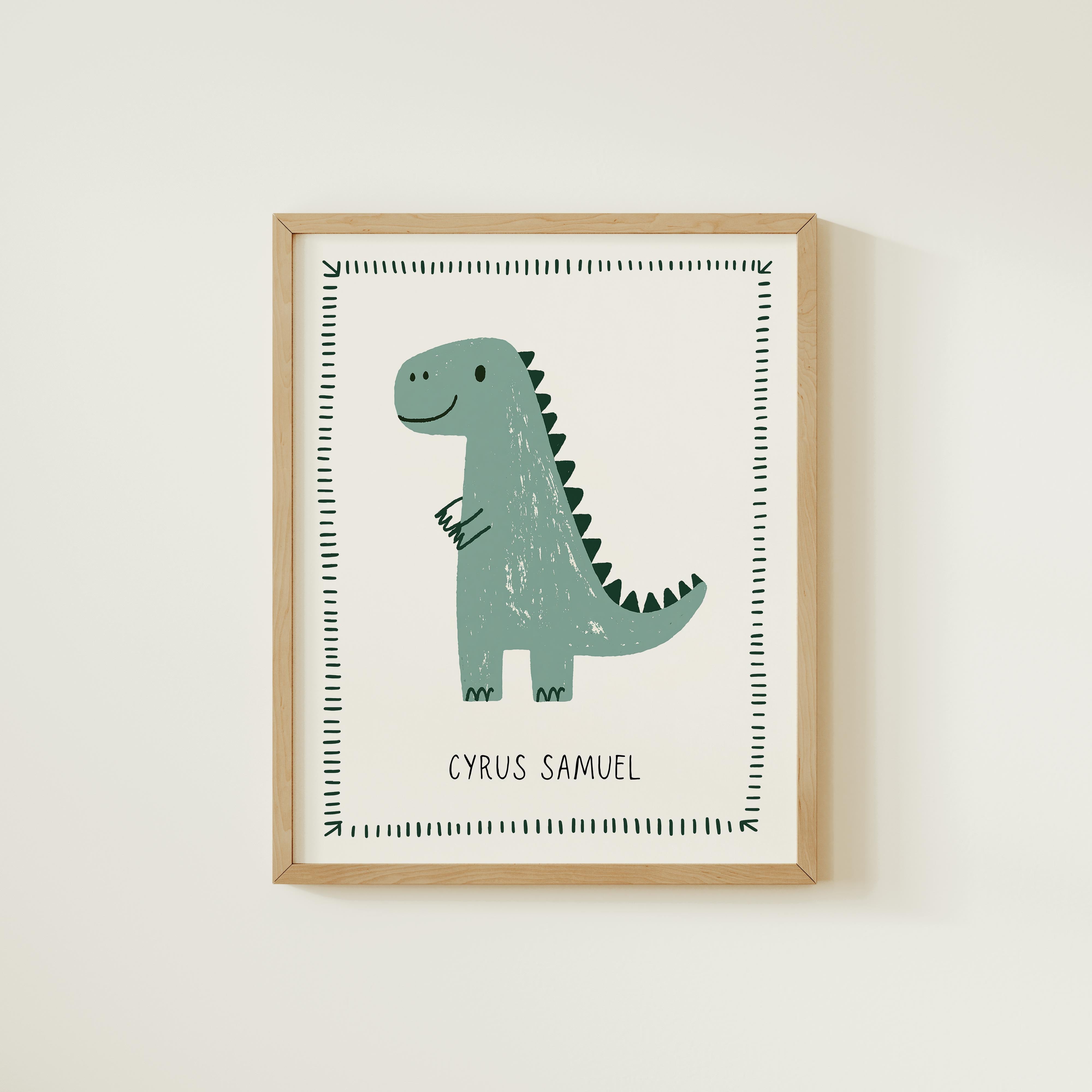 a framed illustration of a dinosaur, specifically a T-Rex, with the name "Cyrus Samuel" written below it.