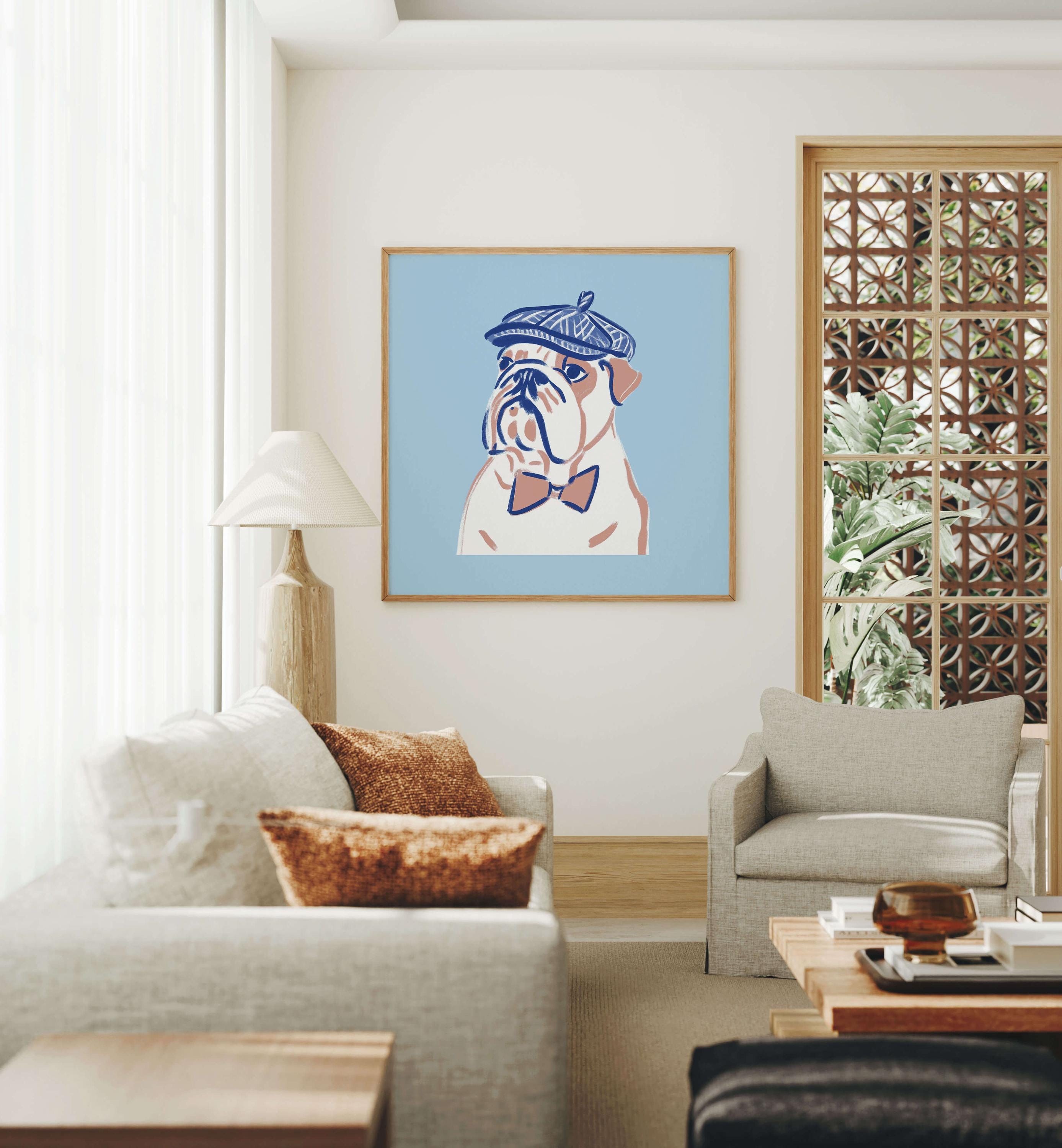 Bulldog newsboy cap art print