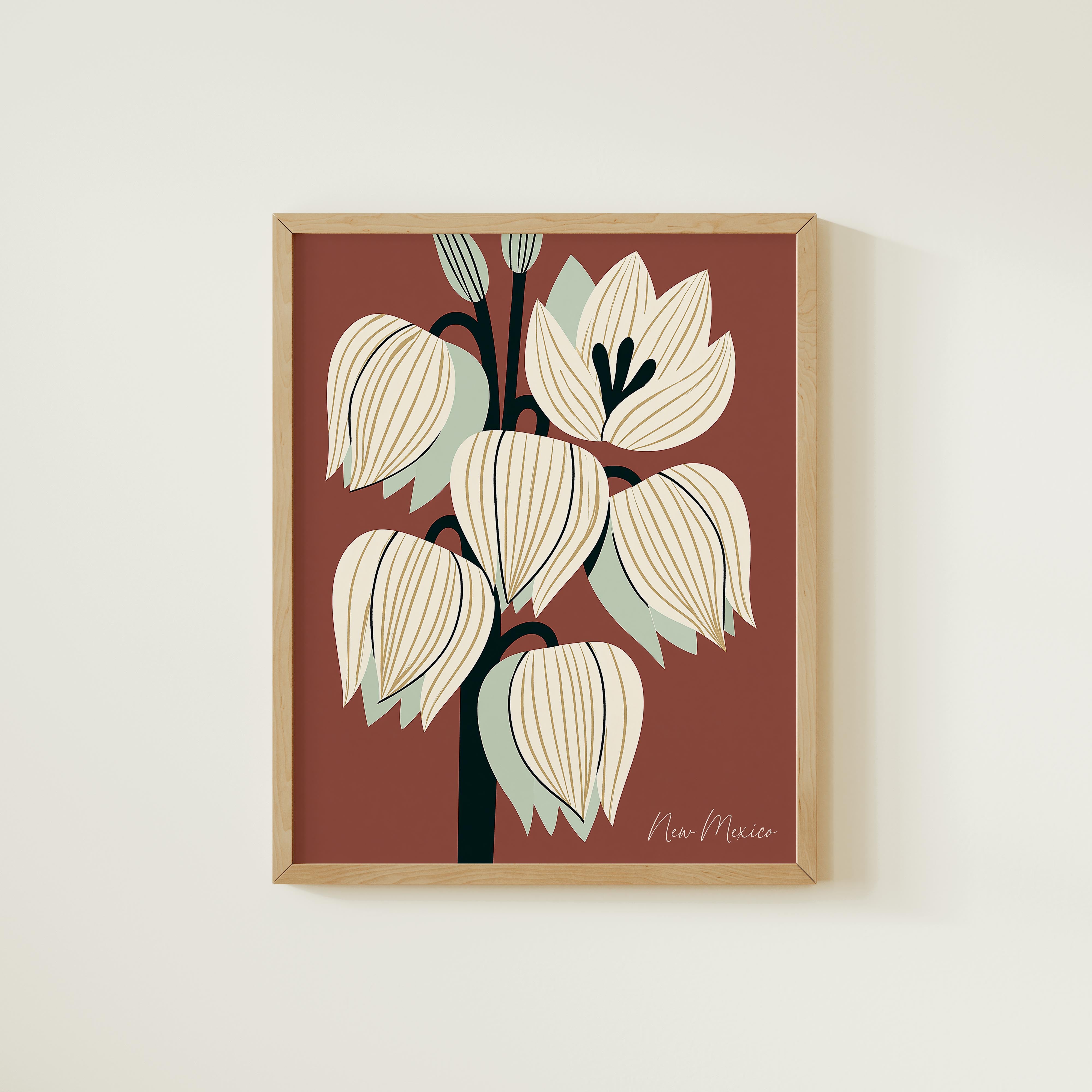 The image is a framed print of a stylized floral design with white and green flowers against a red background.