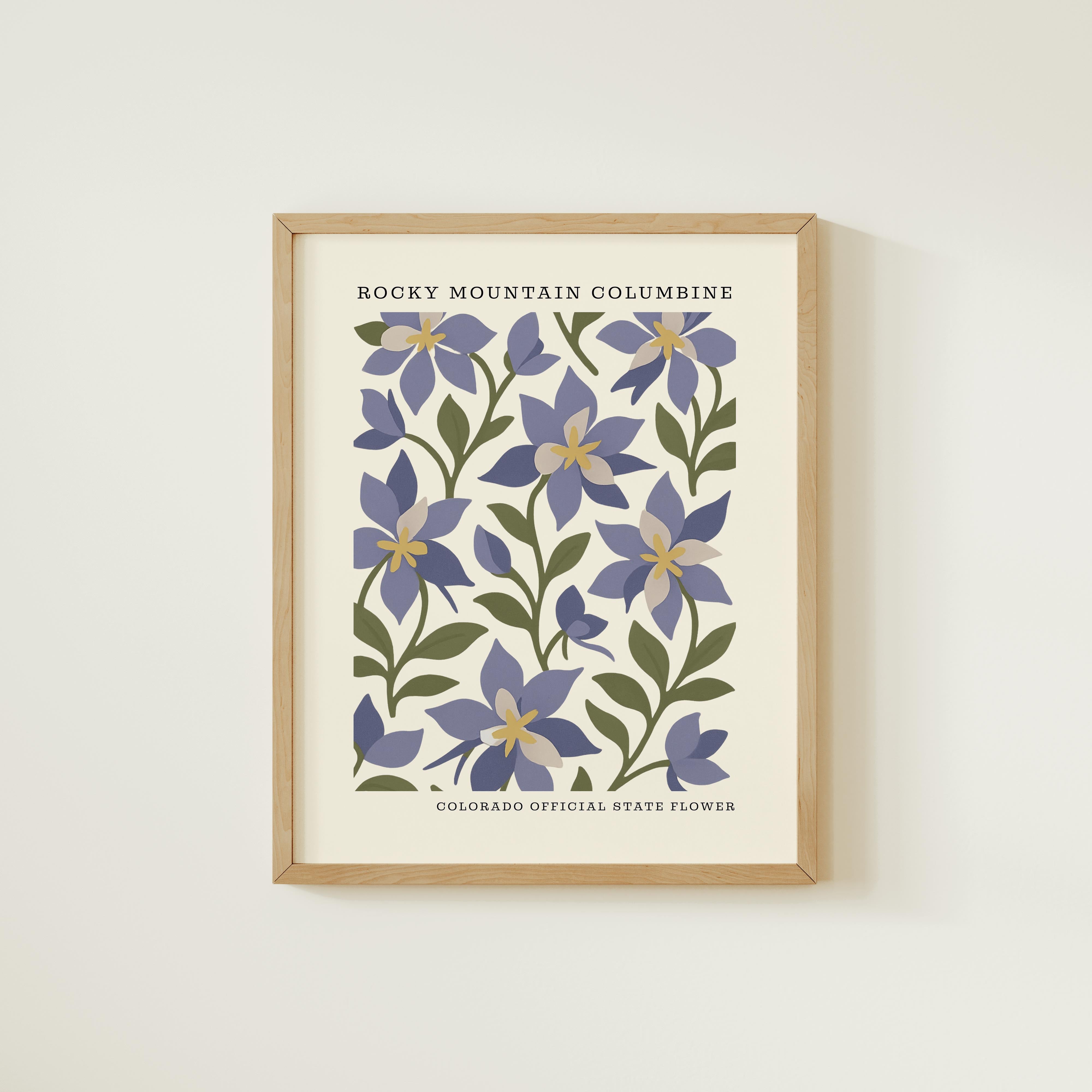 The image is a framed print featuring a repeating pattern of purple flowers with green leaves, which appears to be a collage of multiple images.