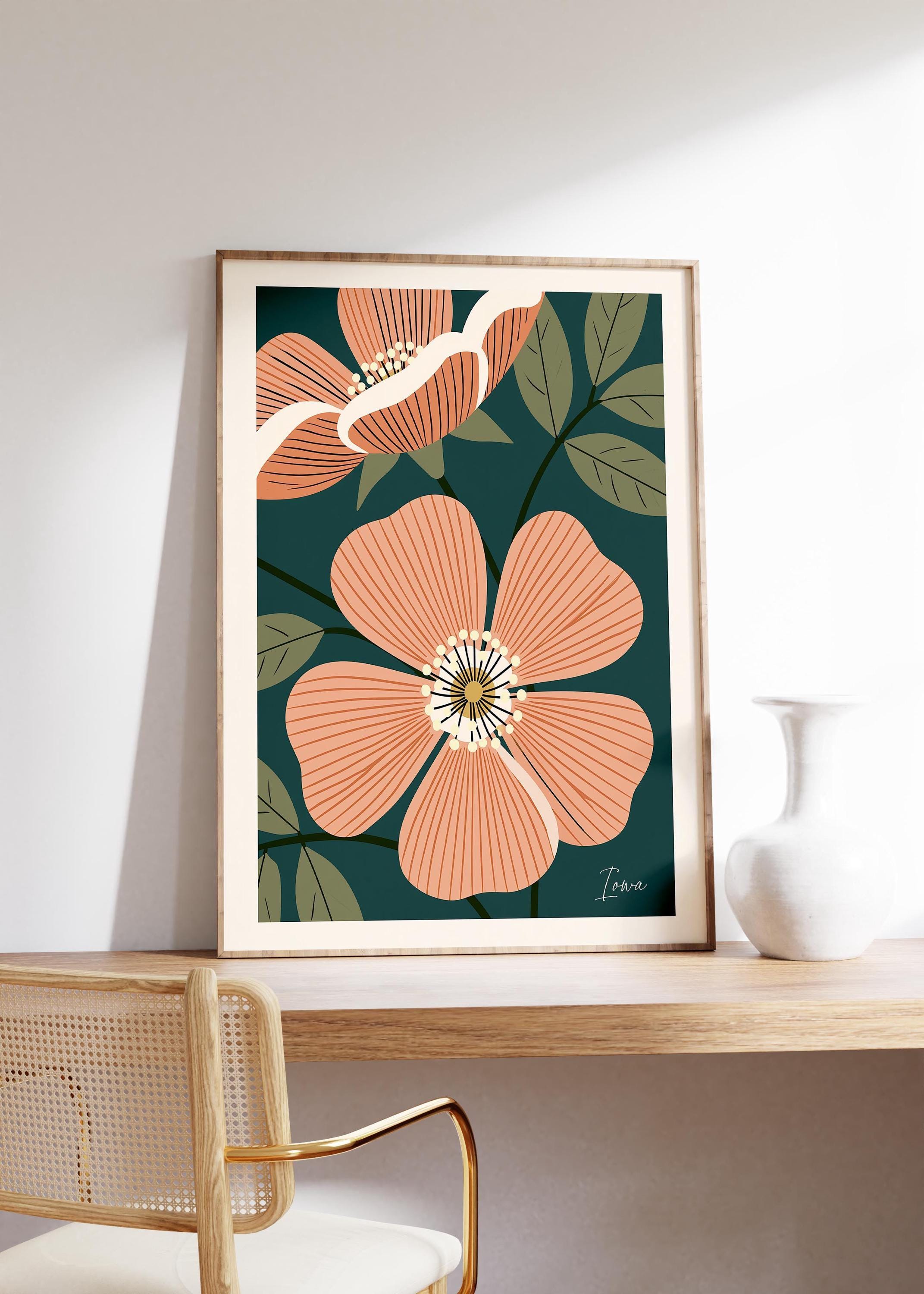 Iowa state flower art print, wild prairie rose