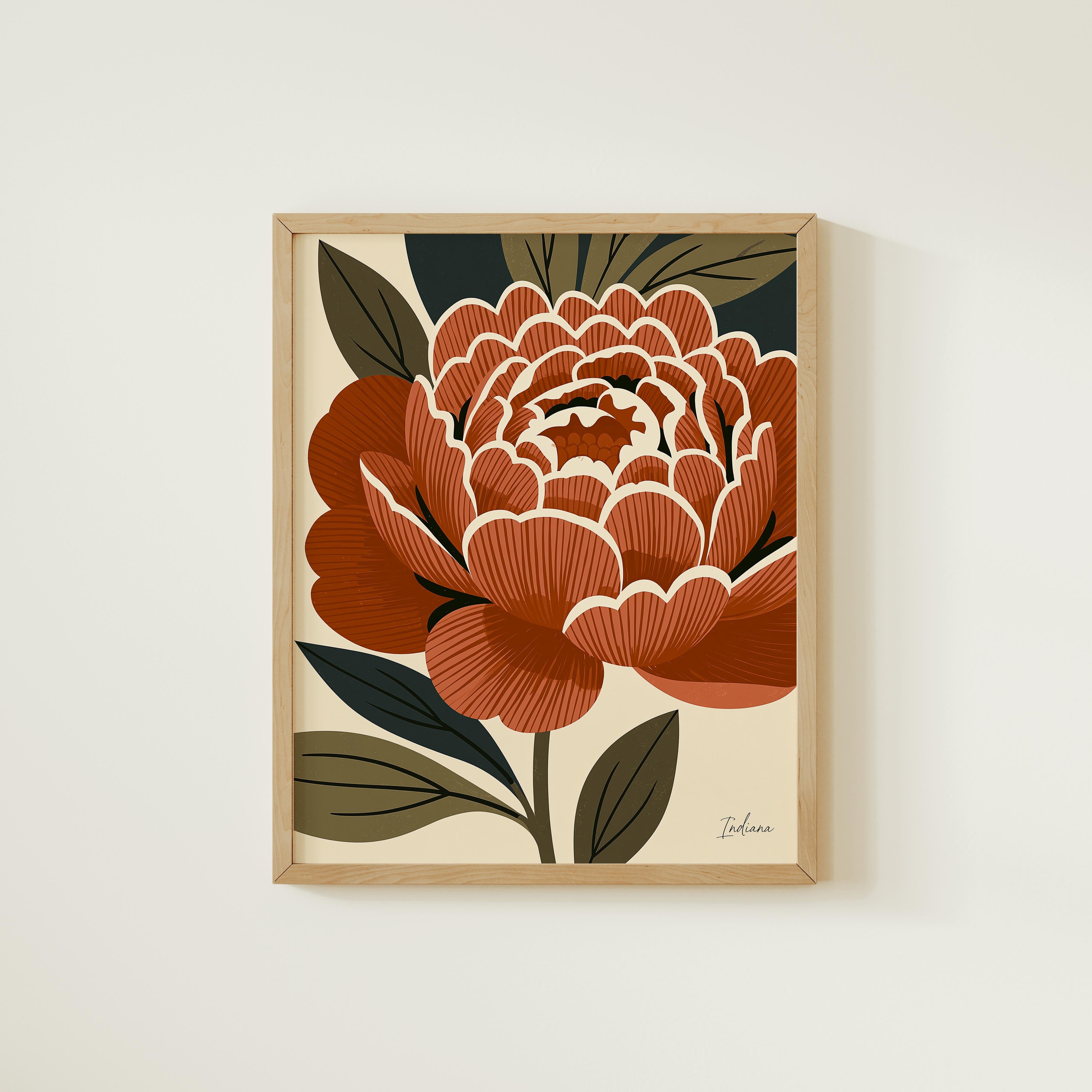 a framed illustration of a large, vibrant red flower with green leaves.