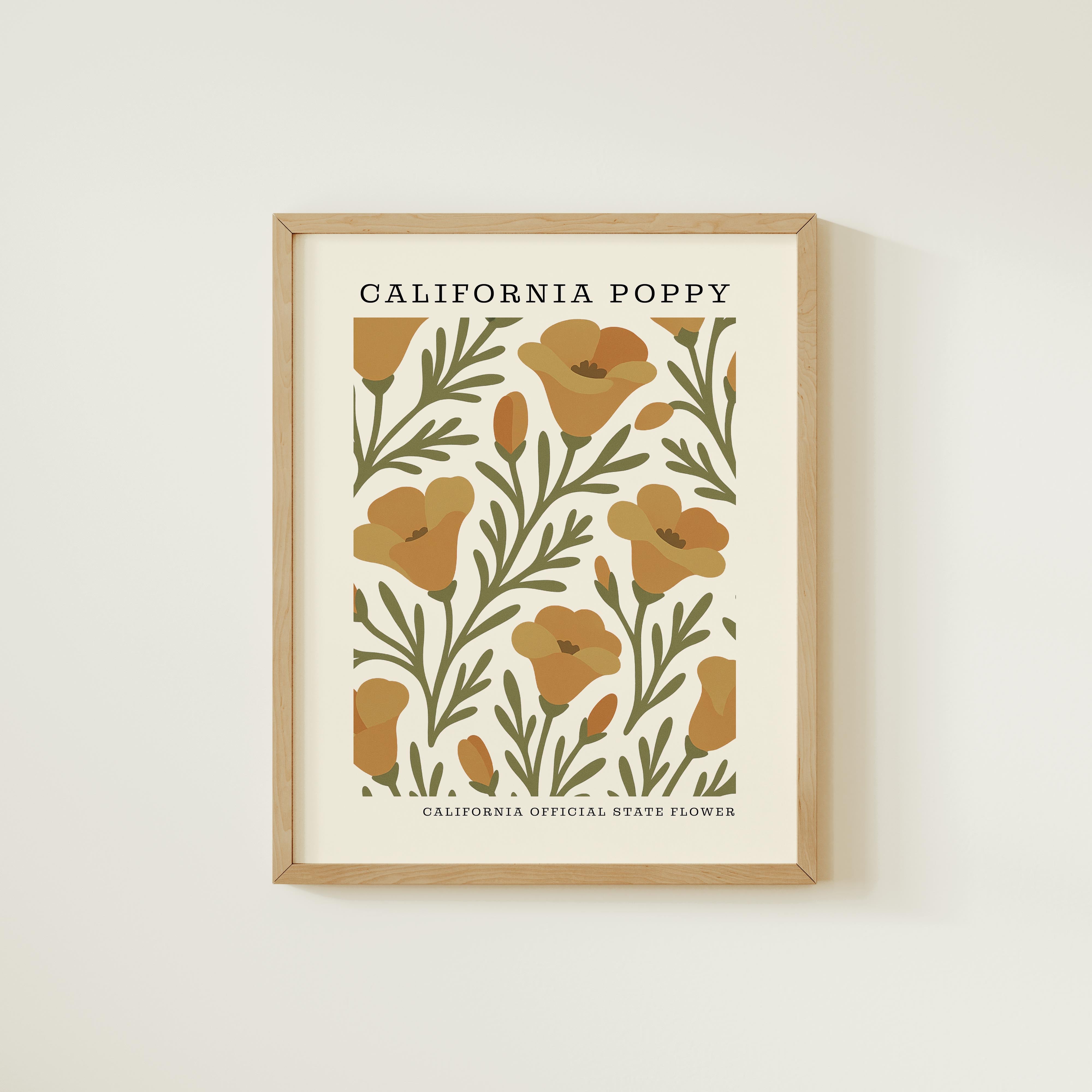 The image is a framed poster or artwork featuring a repeating pattern of California poppies and green leaves.