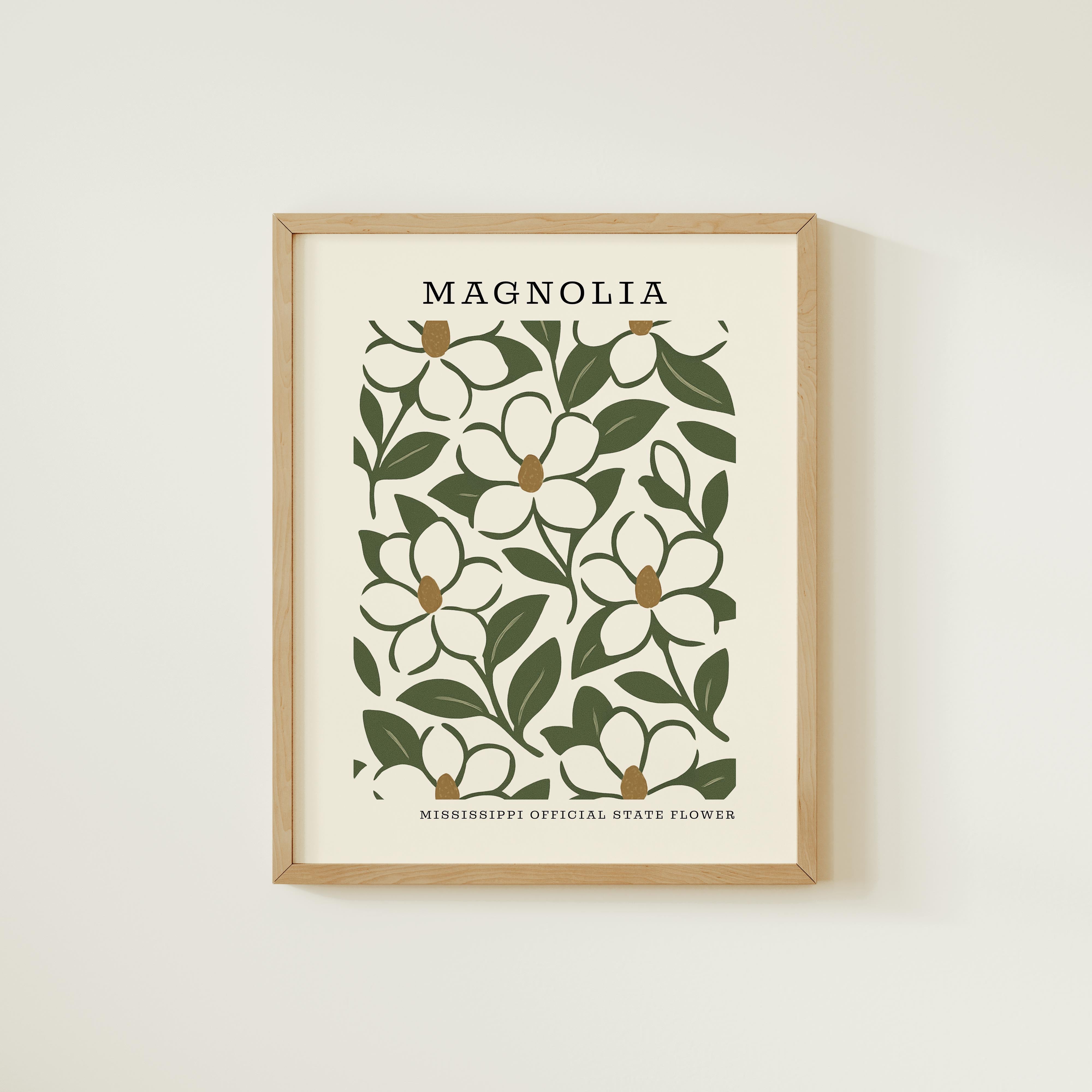 The image is a framed print featuring a repeating pattern of white flowers with green leaves, representing the state flower of Mississippi.