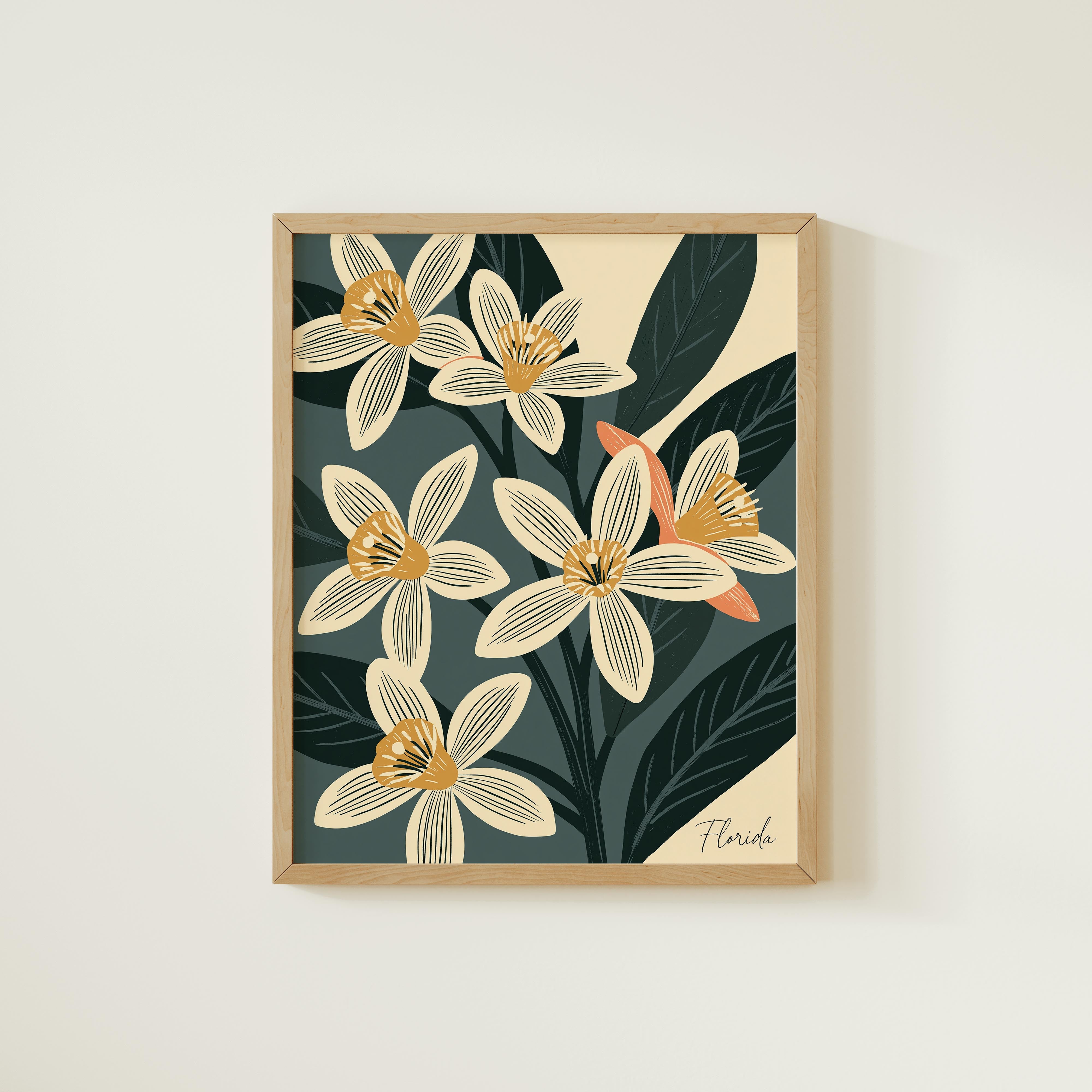 The image is a framed print featuring a stylized floral design with white and green flowers against a dark background.