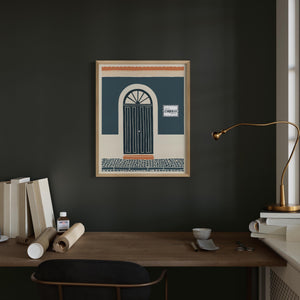 Personalized teal block print arched door art print, Puerto Rico