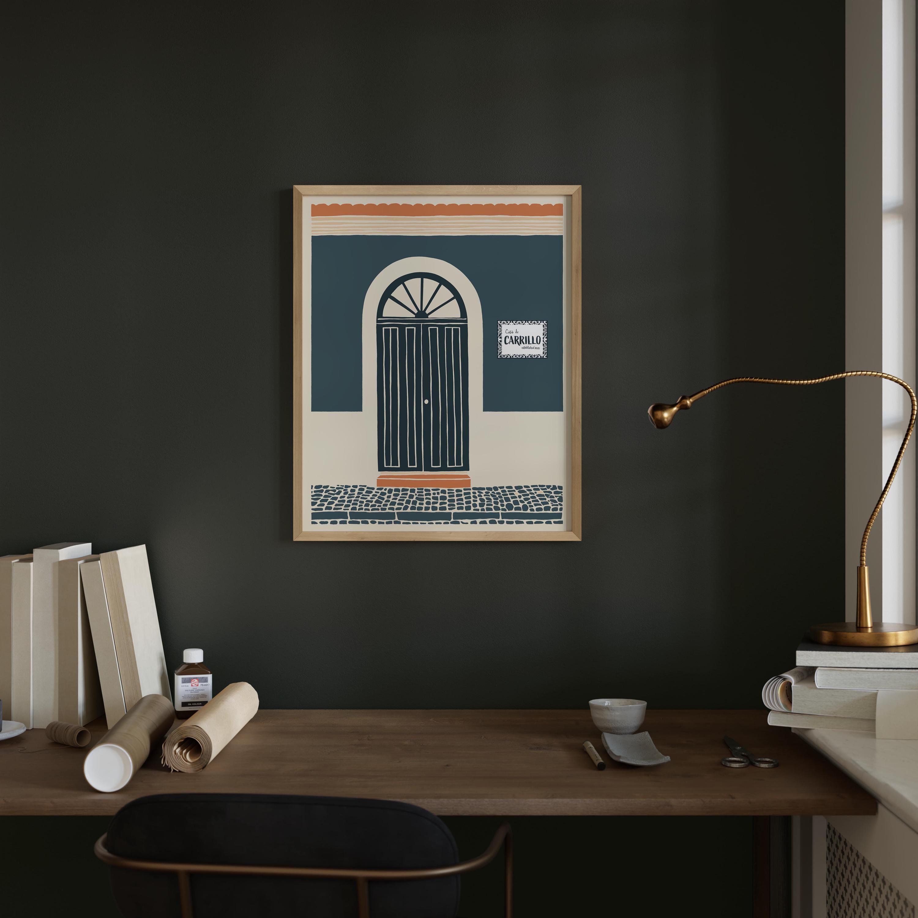 Personalized teal block print arched door art print, Puerto Rico