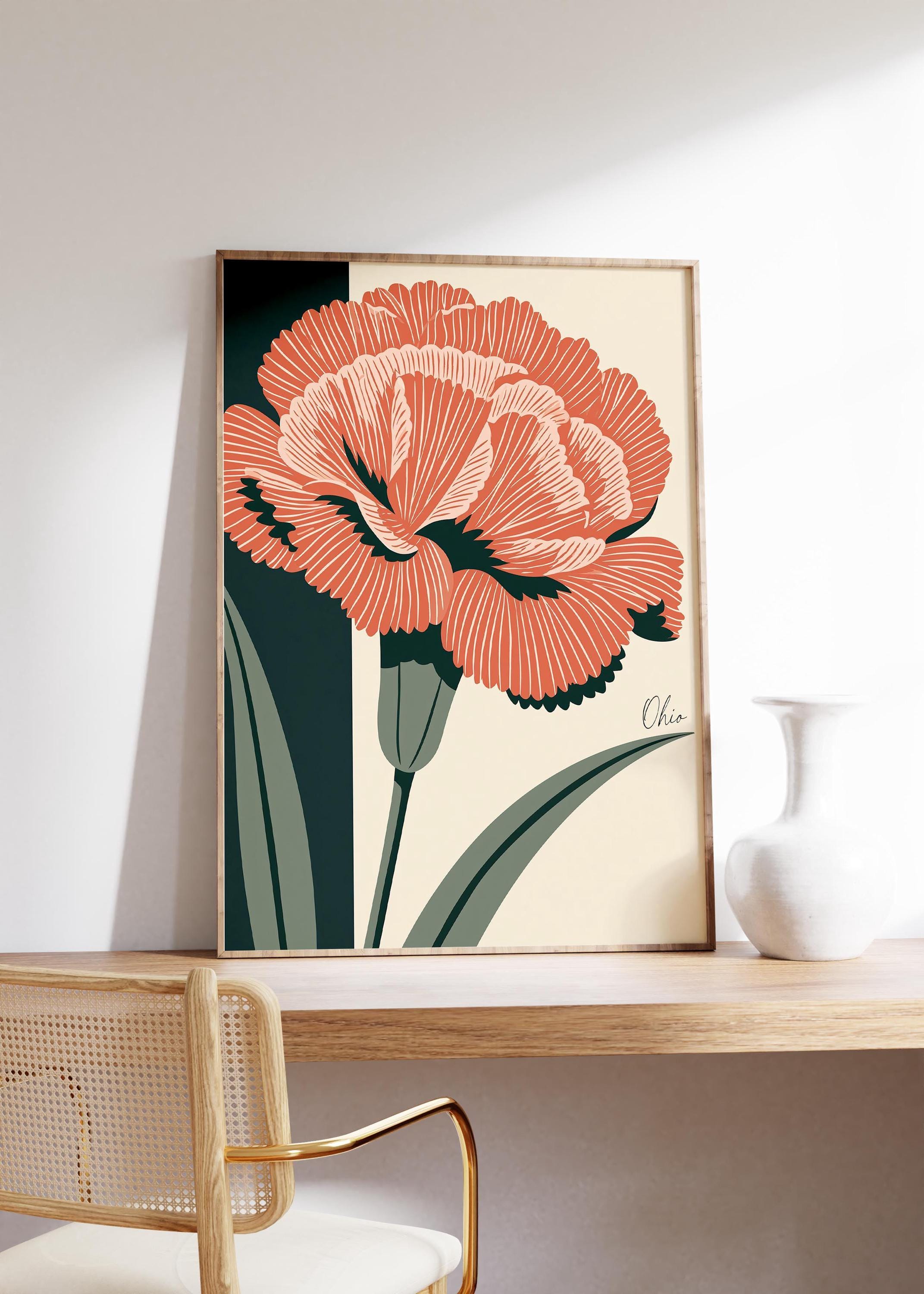 Ohio state flower art print, scarlet carnation
