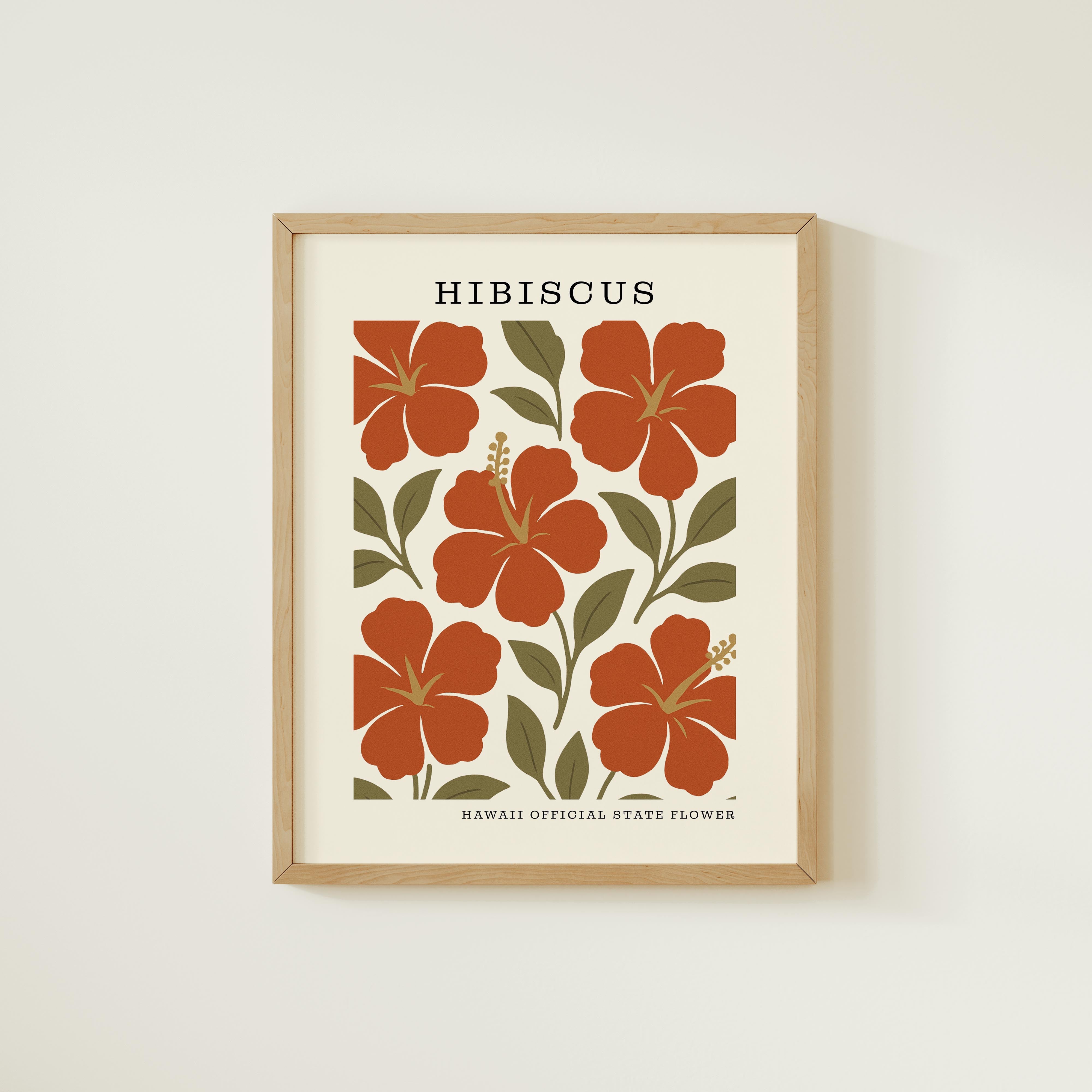 The image is a framed print featuring a repeating pattern of red hibiscus flowers against a white background.