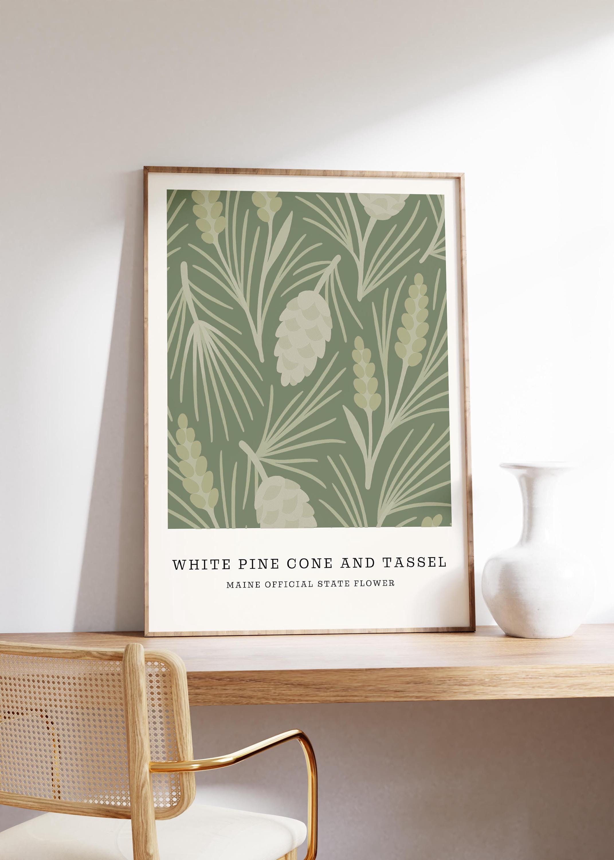 Maine state flower art print, white pine cone and tassel