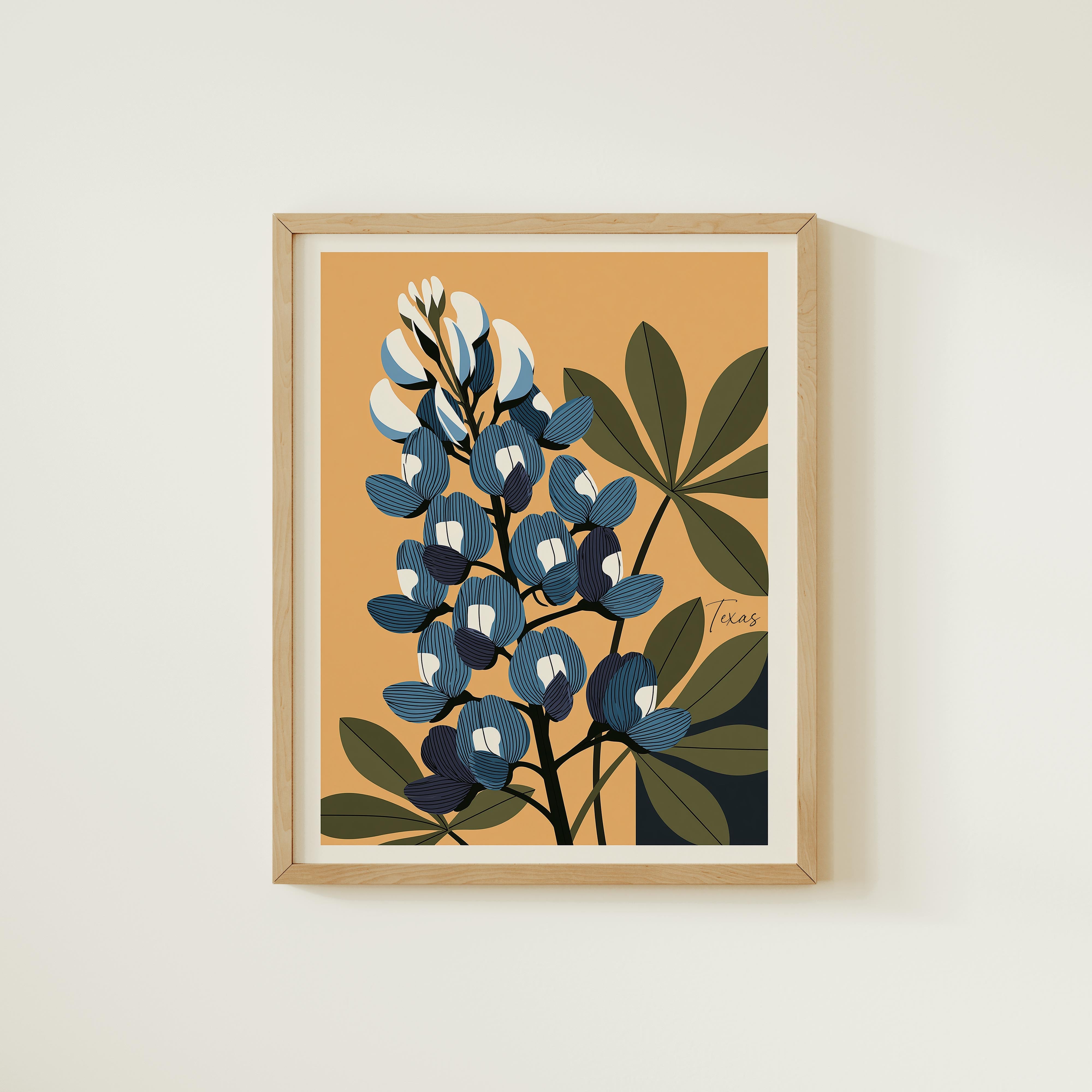 The image is a framed illustration of a blue lily flower with green leaves, set against an orange background.