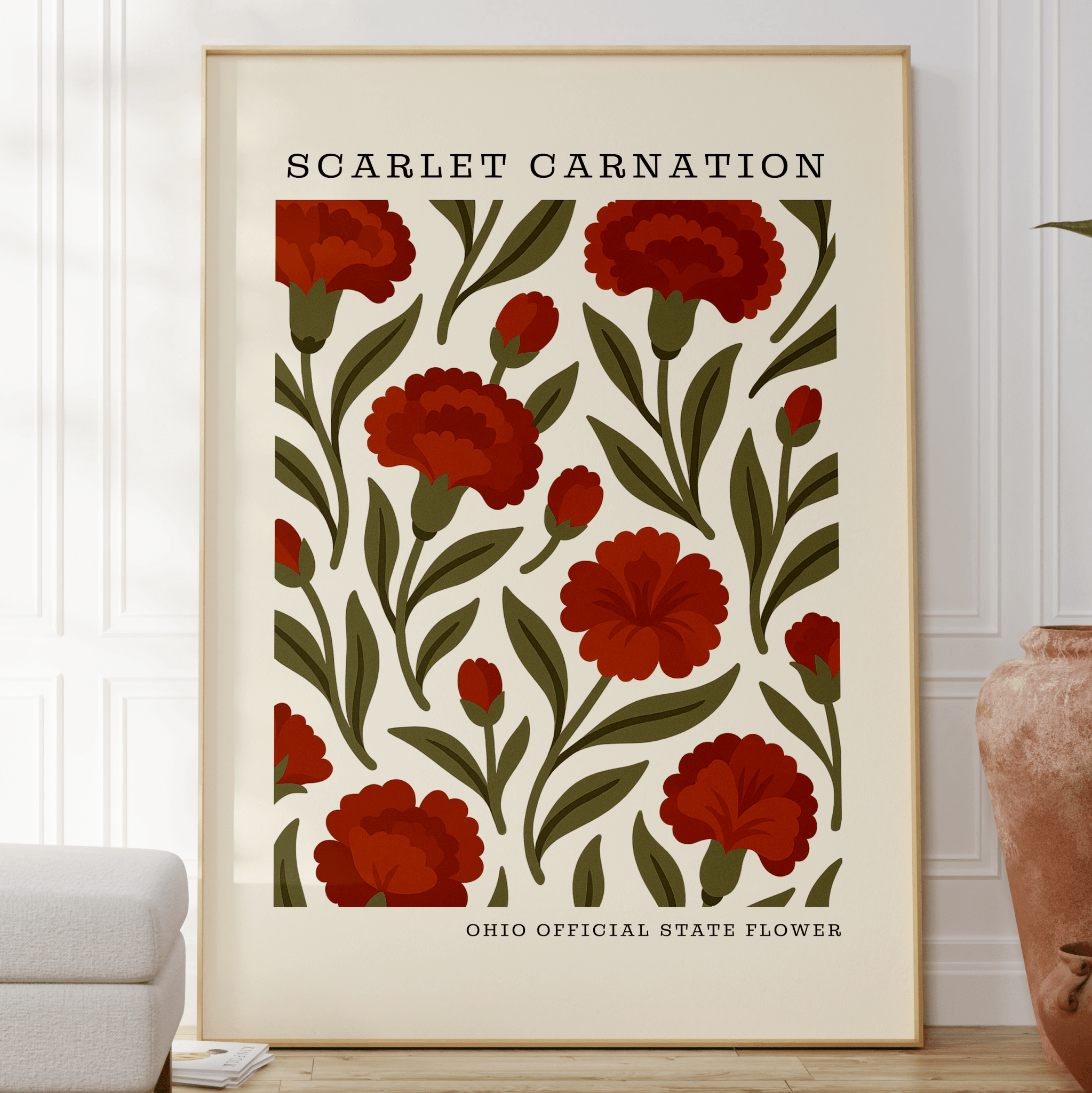 Ohio state flower art print, scarlet carnation