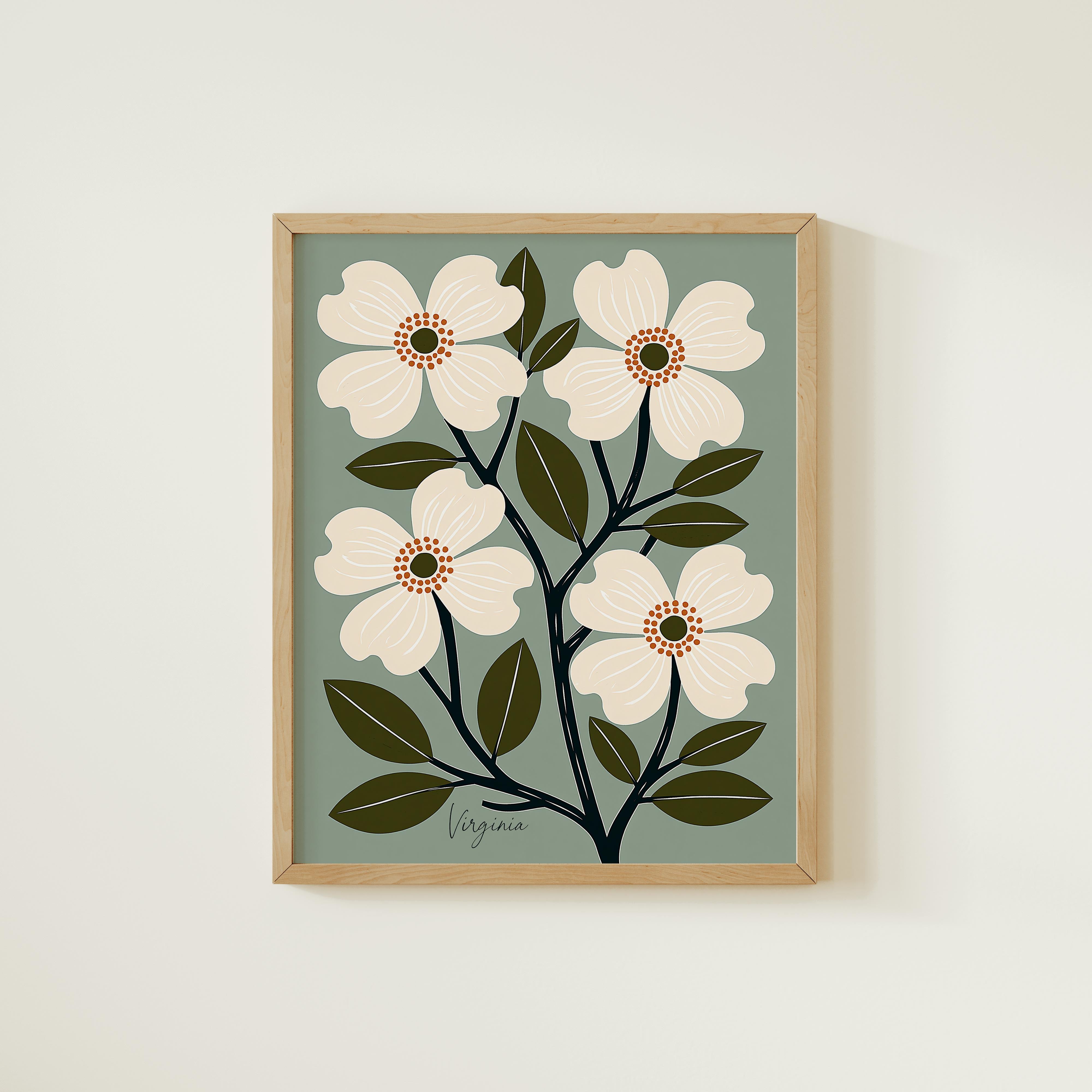 The image is a framed print of a stylized floral design featuring white flowers with green leaves and orange centers, set against a light green background.
