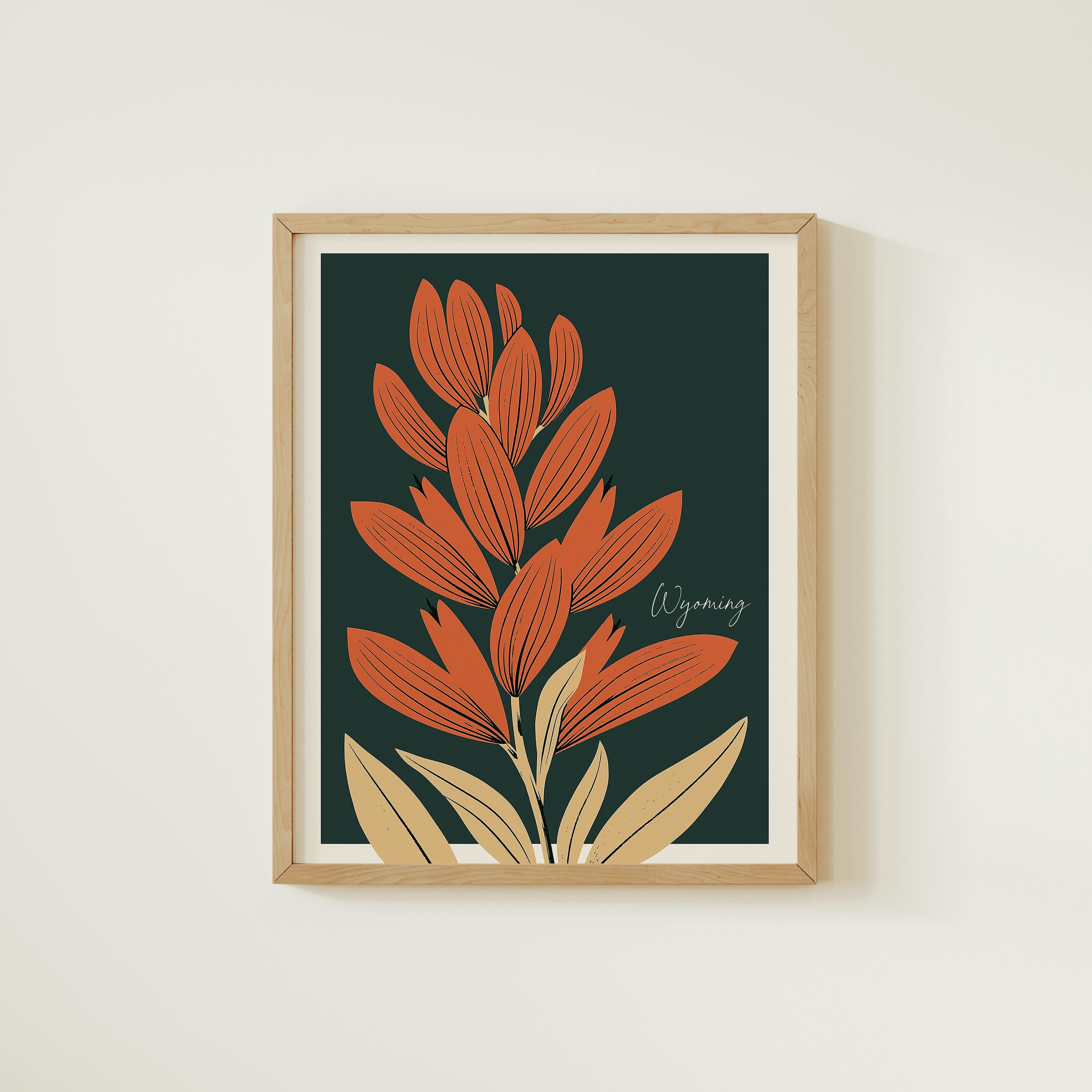 The image is a framed print featuring a stylized illustration of orange flowers against a dark green background.