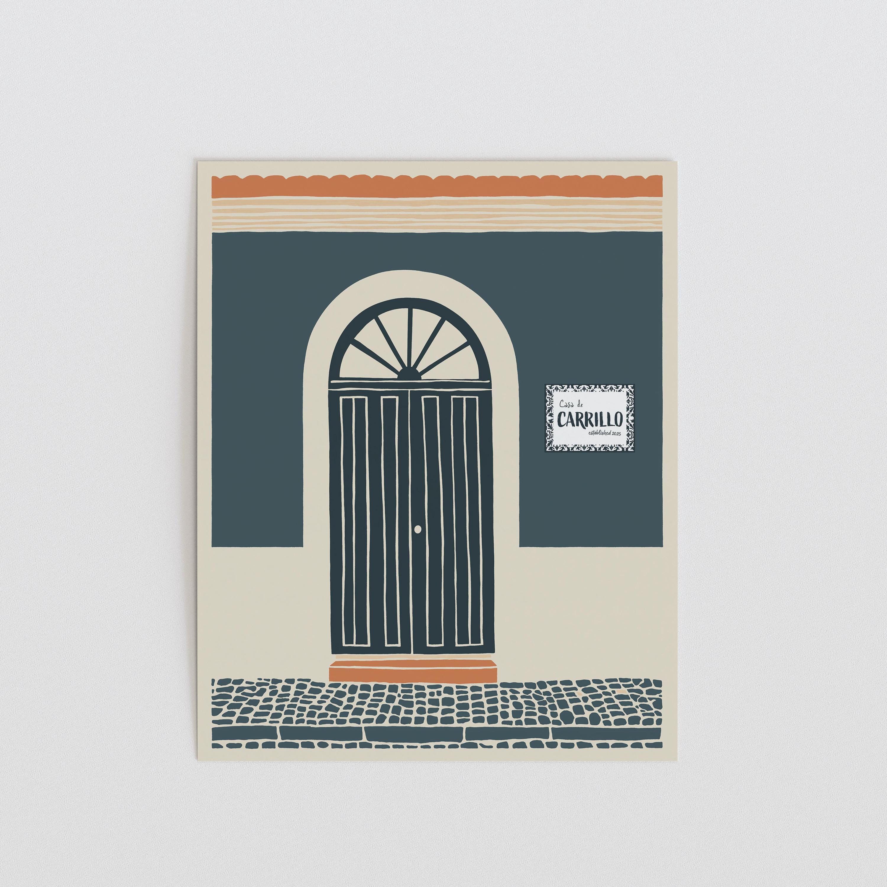 Personalized teal block print arched door art print, Puerto Rico
