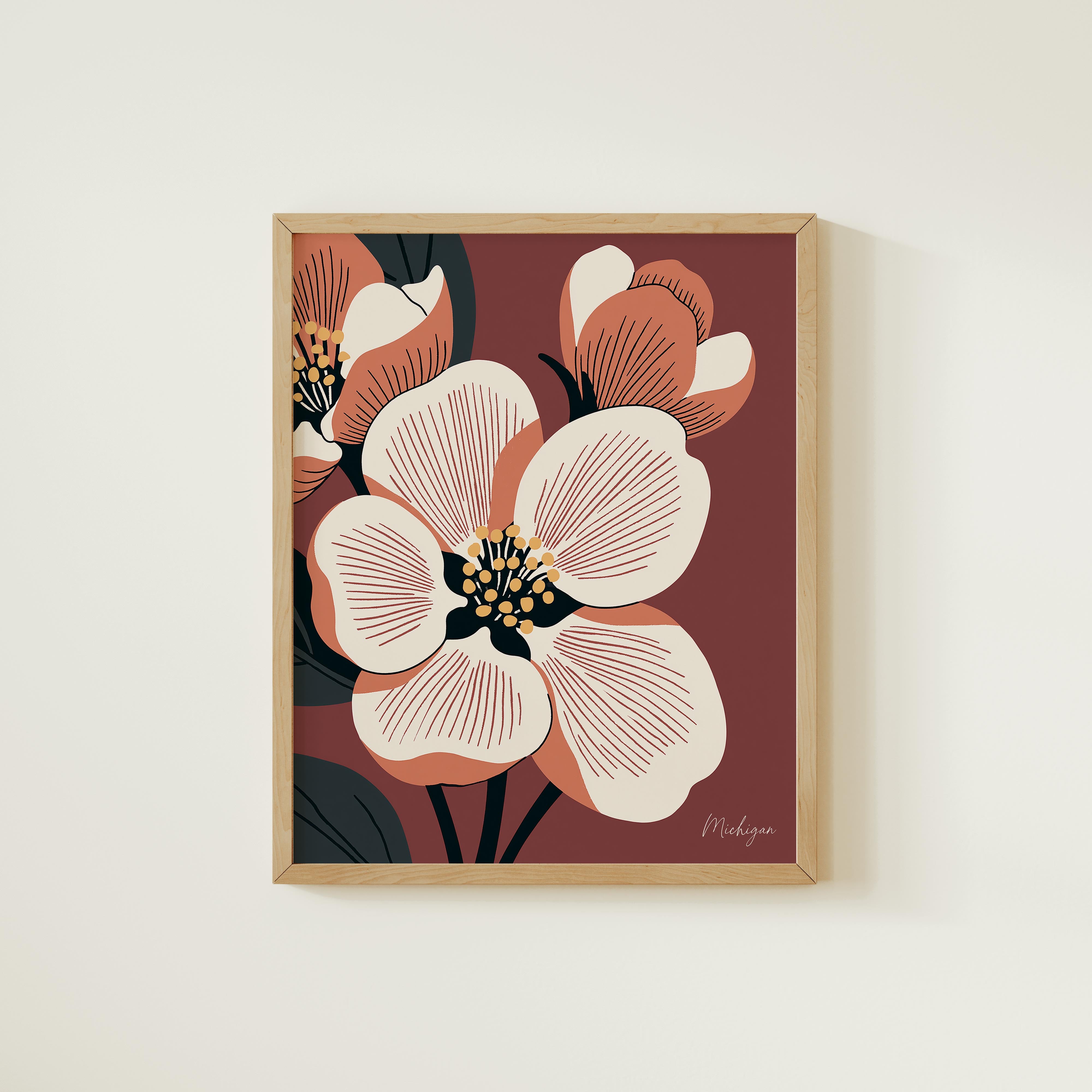 The image is a framed print of a stylized floral design featuring large white flowers with pink and orange accents against a dark red background.