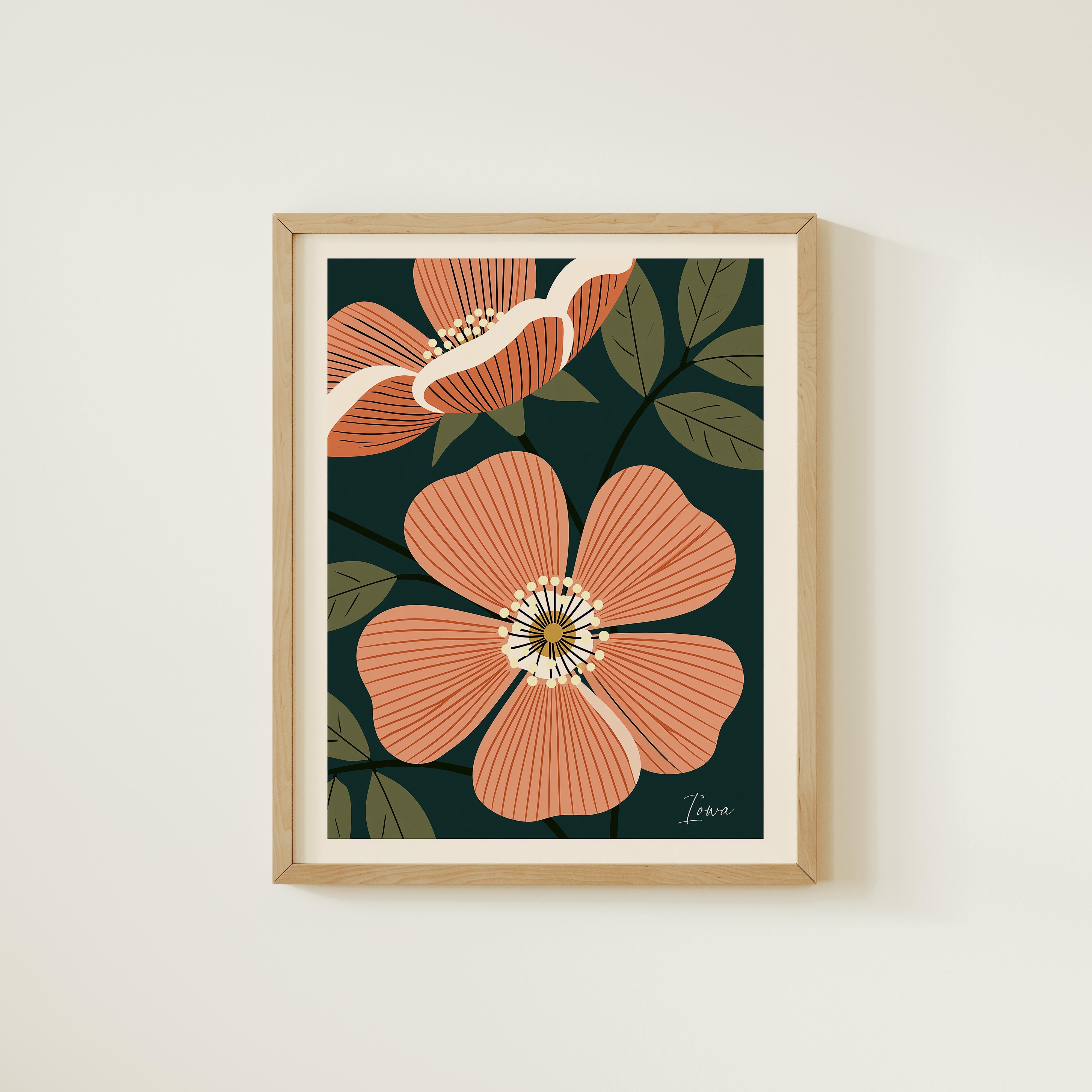 The image is a framed print featuring a vibrant illustration of two large pink flowers with green leaves against a dark green background.