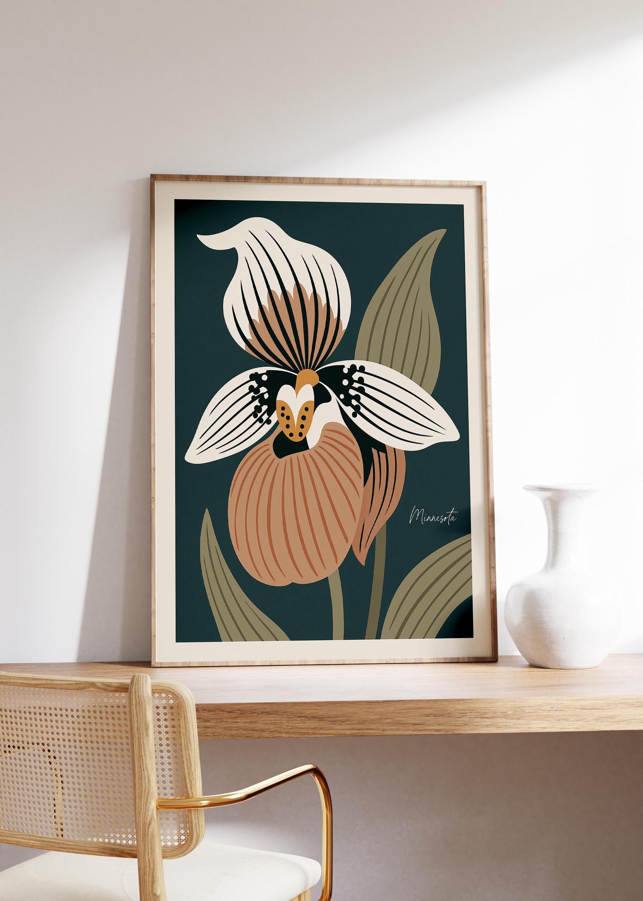 Minnesota state flower art print, pink and white lady's slipper