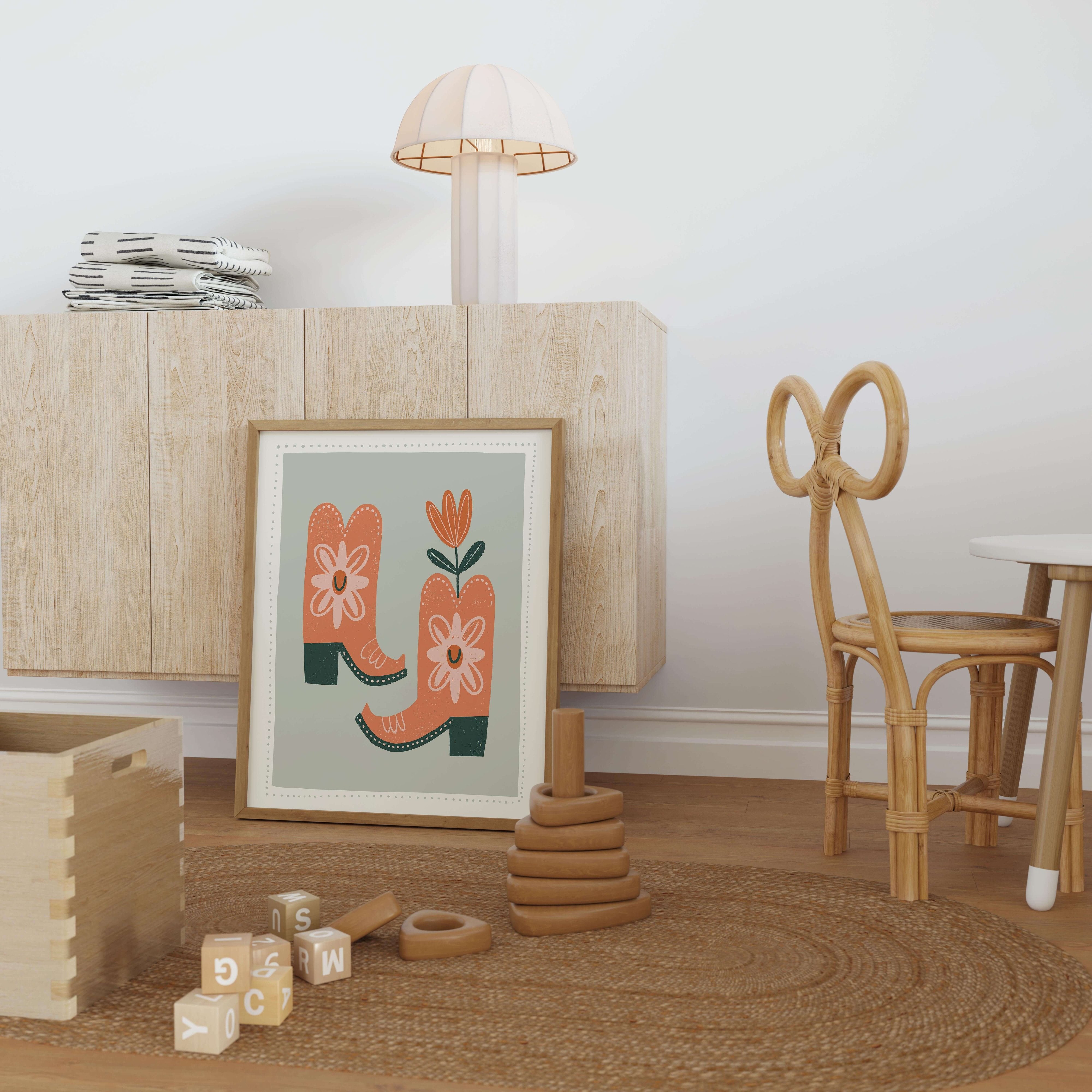Floral Cowboy Boots Nursery Print - Framed Mockup