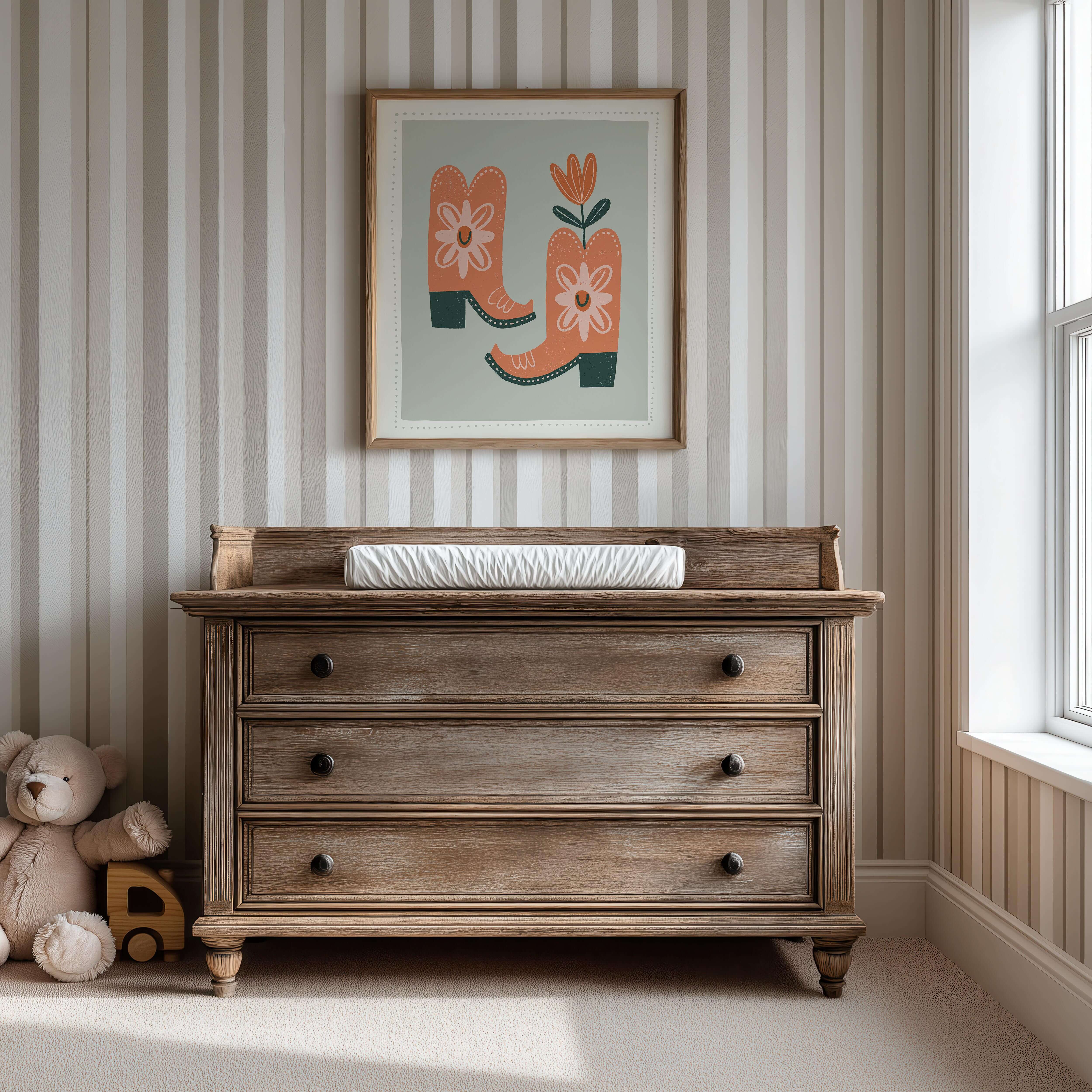 Floral Cowboy Boots Nursery Print - Framed Mockup