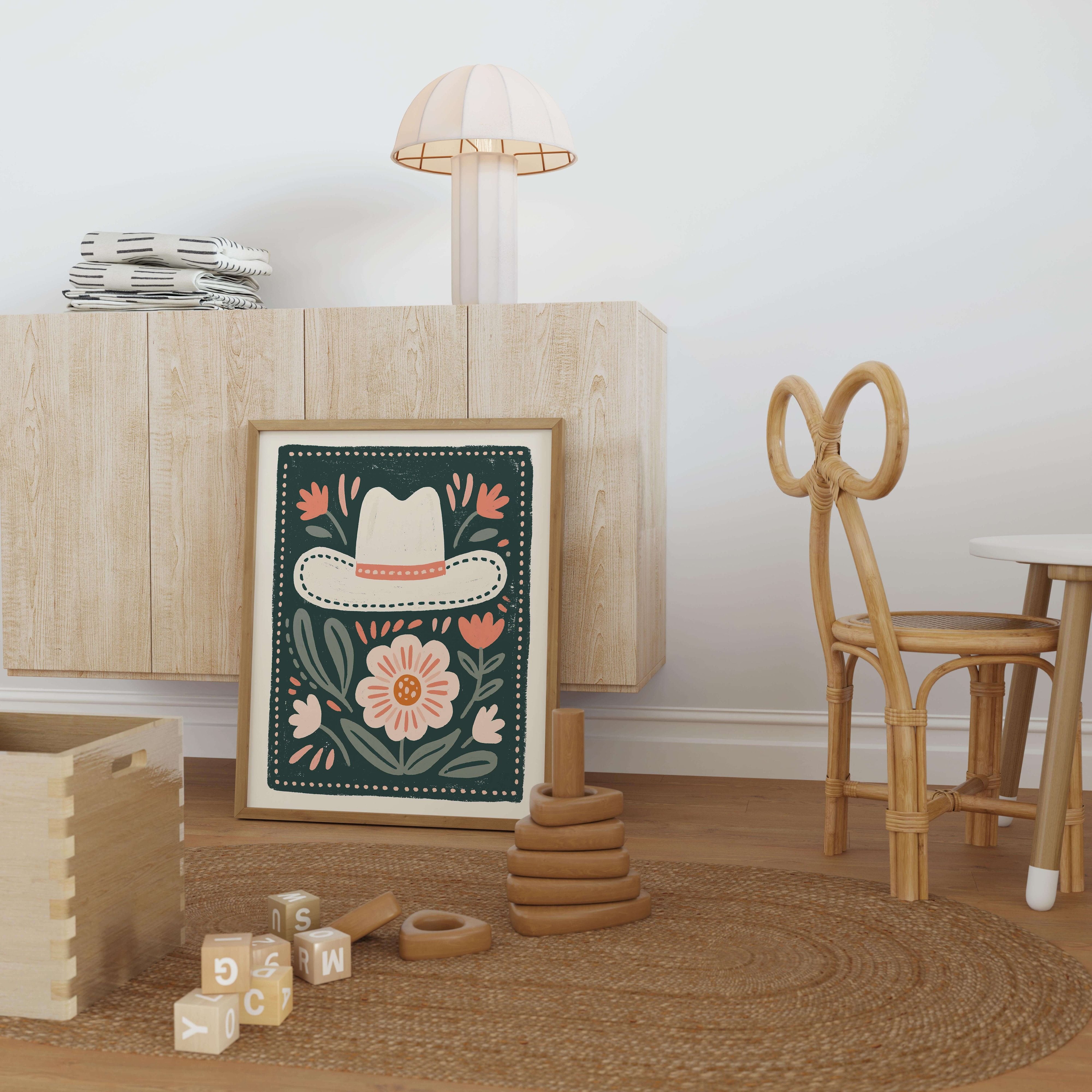 Floral Cowboy Hat Nursery Print - Framed Mockup