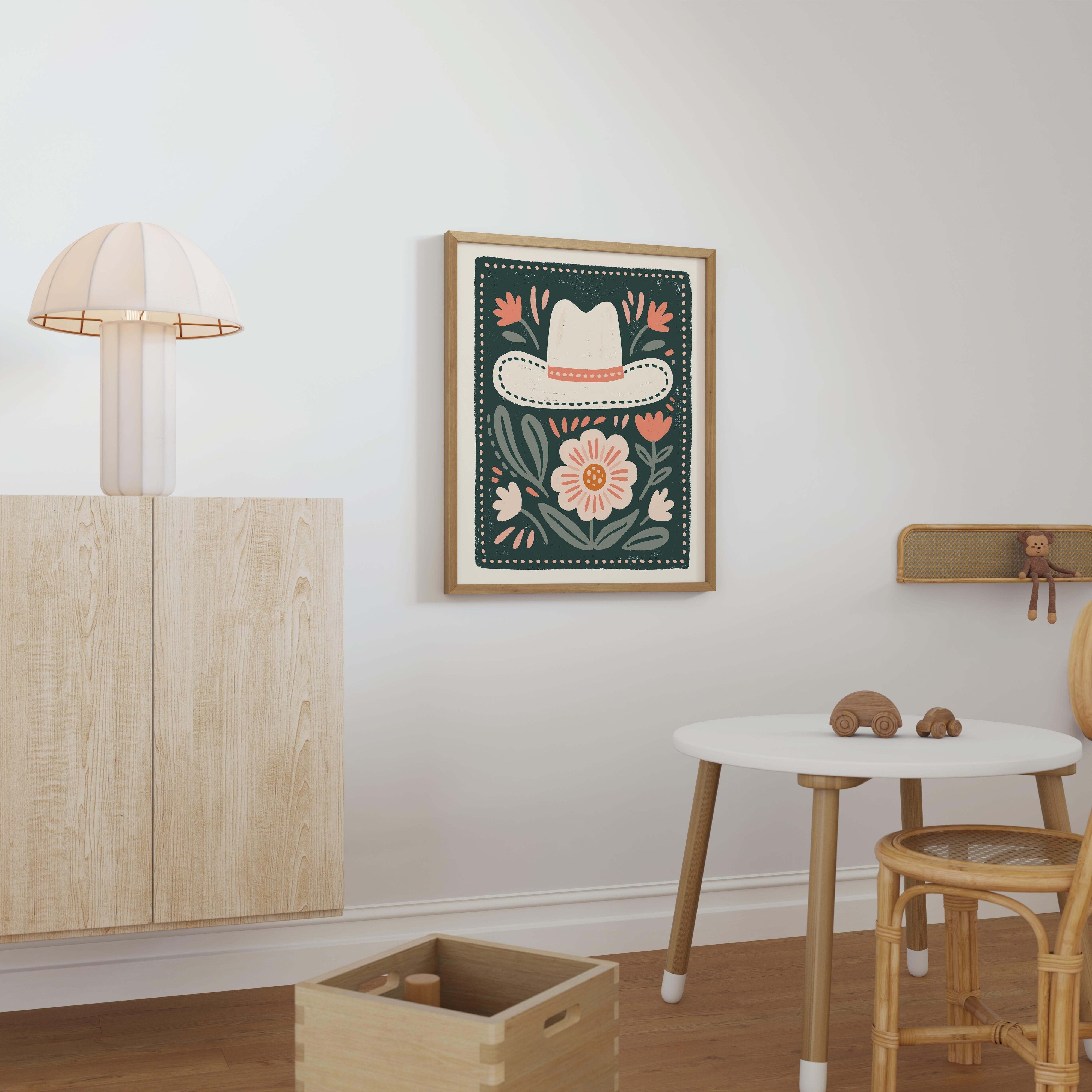Floral Cowboy Hat Nursery Print - Framed Mockup