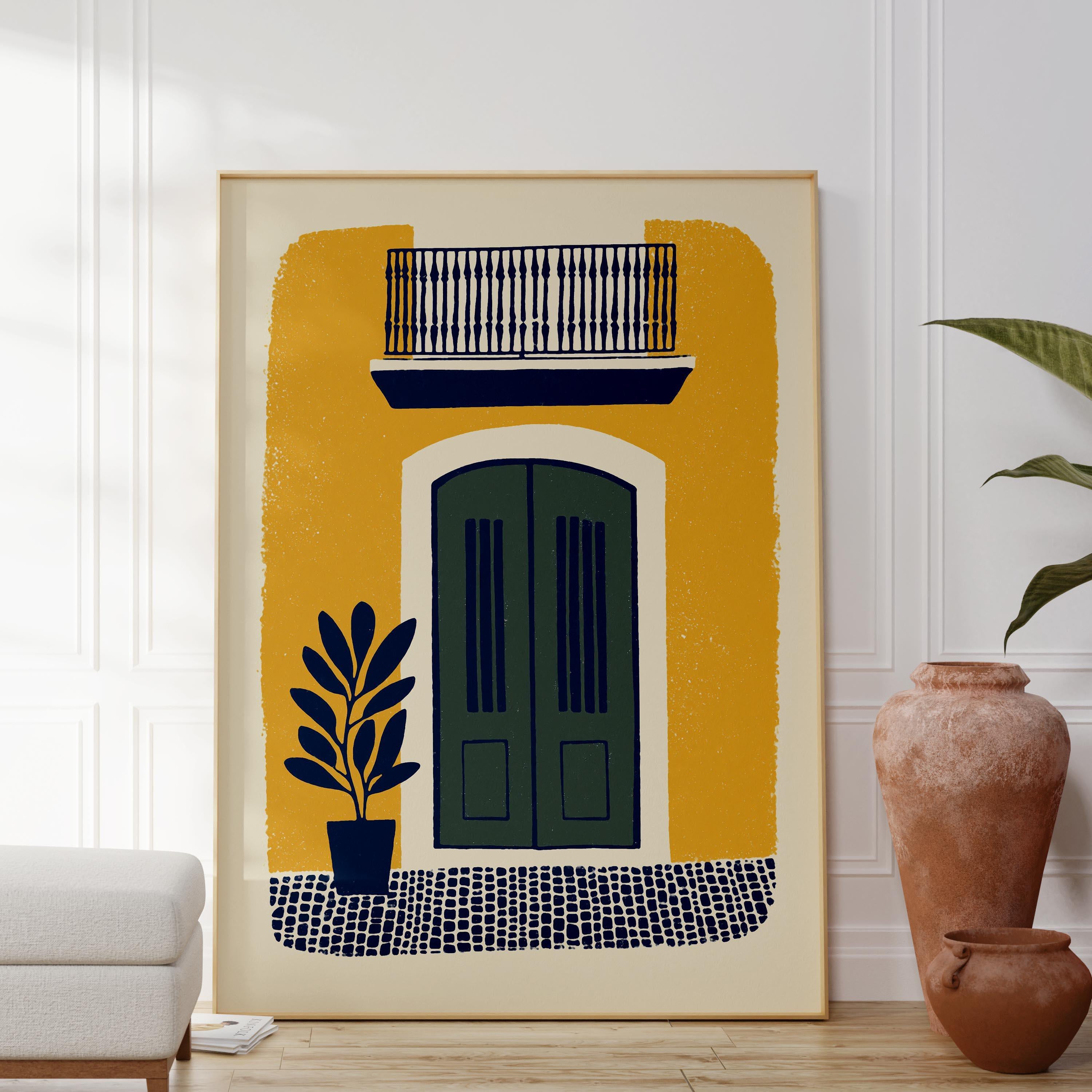 Old San Juan golden balcony art print with sage green doors, Puerto Rico