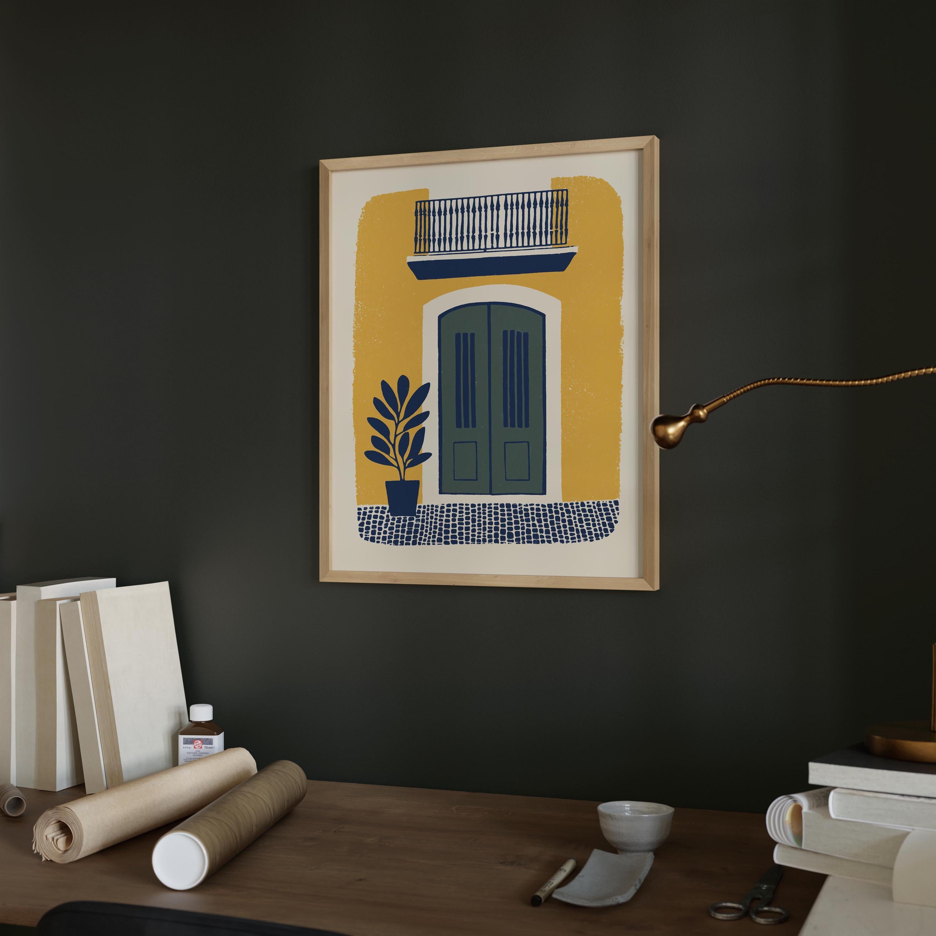Old San Juan golden balcony art print with sage green doors, Puerto Rico