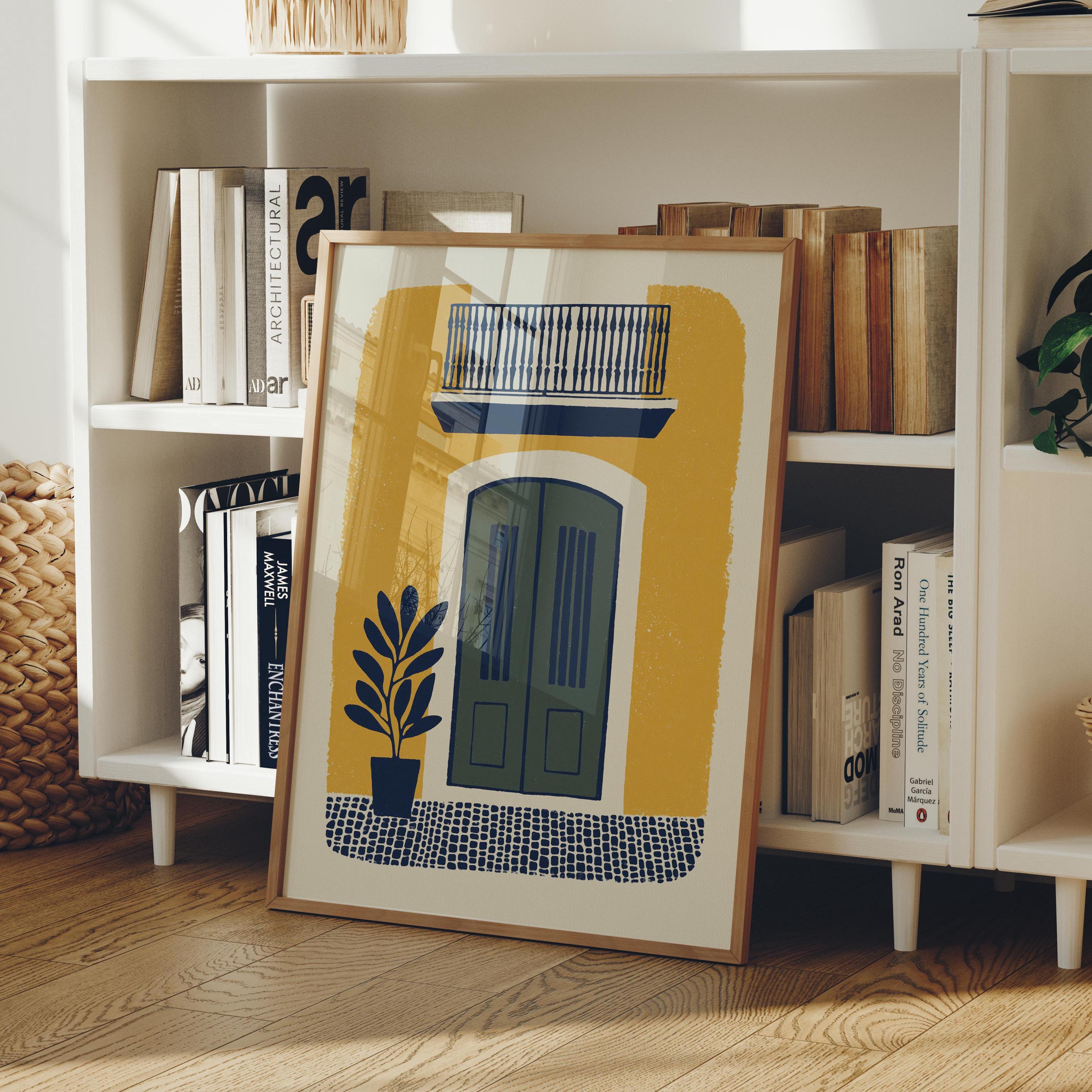 Old San Juan golden balcony art print with sage green doors, Puerto Rico